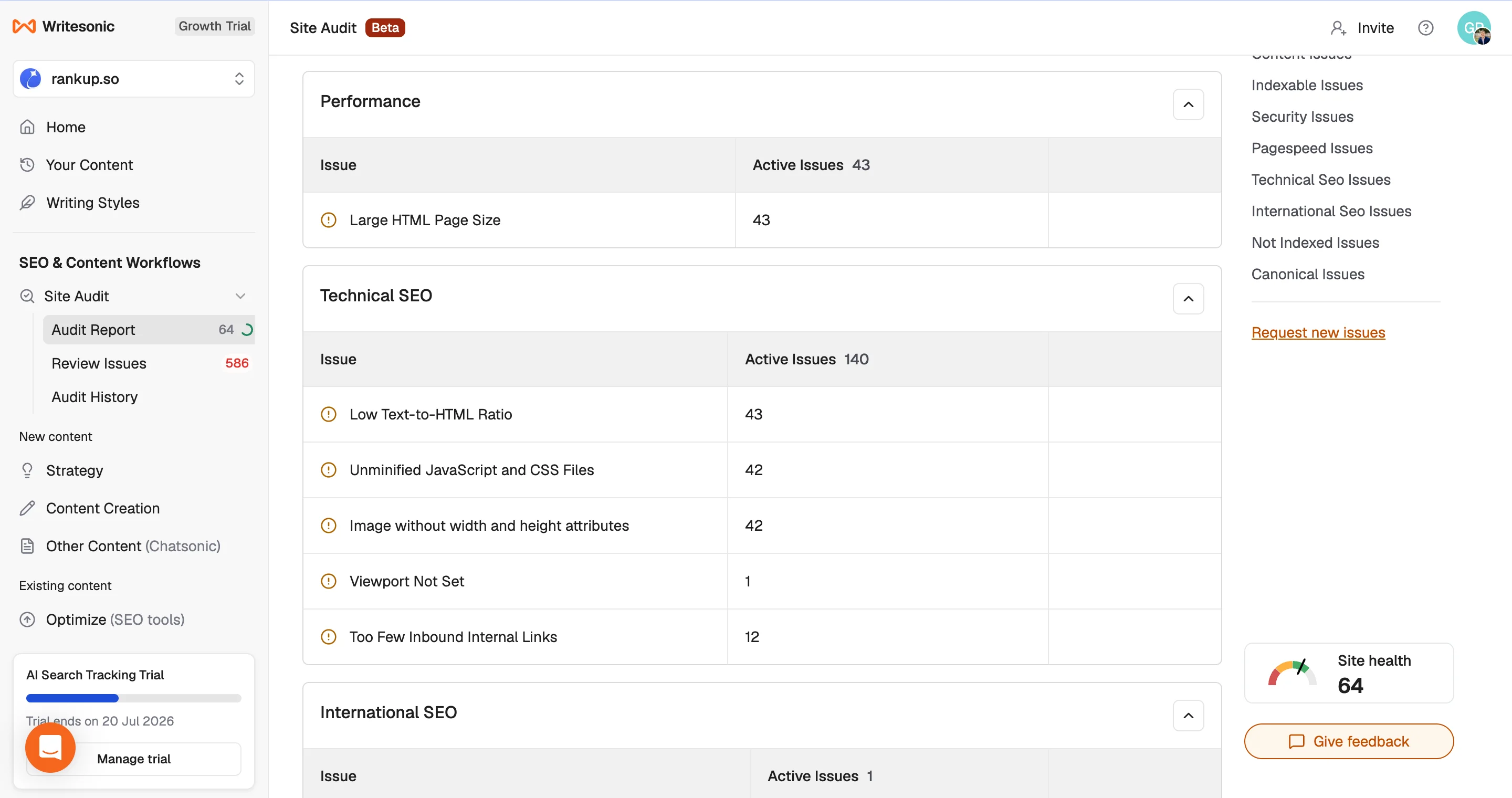 Writesonic Site Audit for rankup.so showing a site-health score of 64 and categorized issues