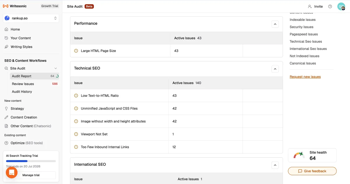 Writesonic Site Audit for rankup.so showing a site-health score of 64 and categorized issues