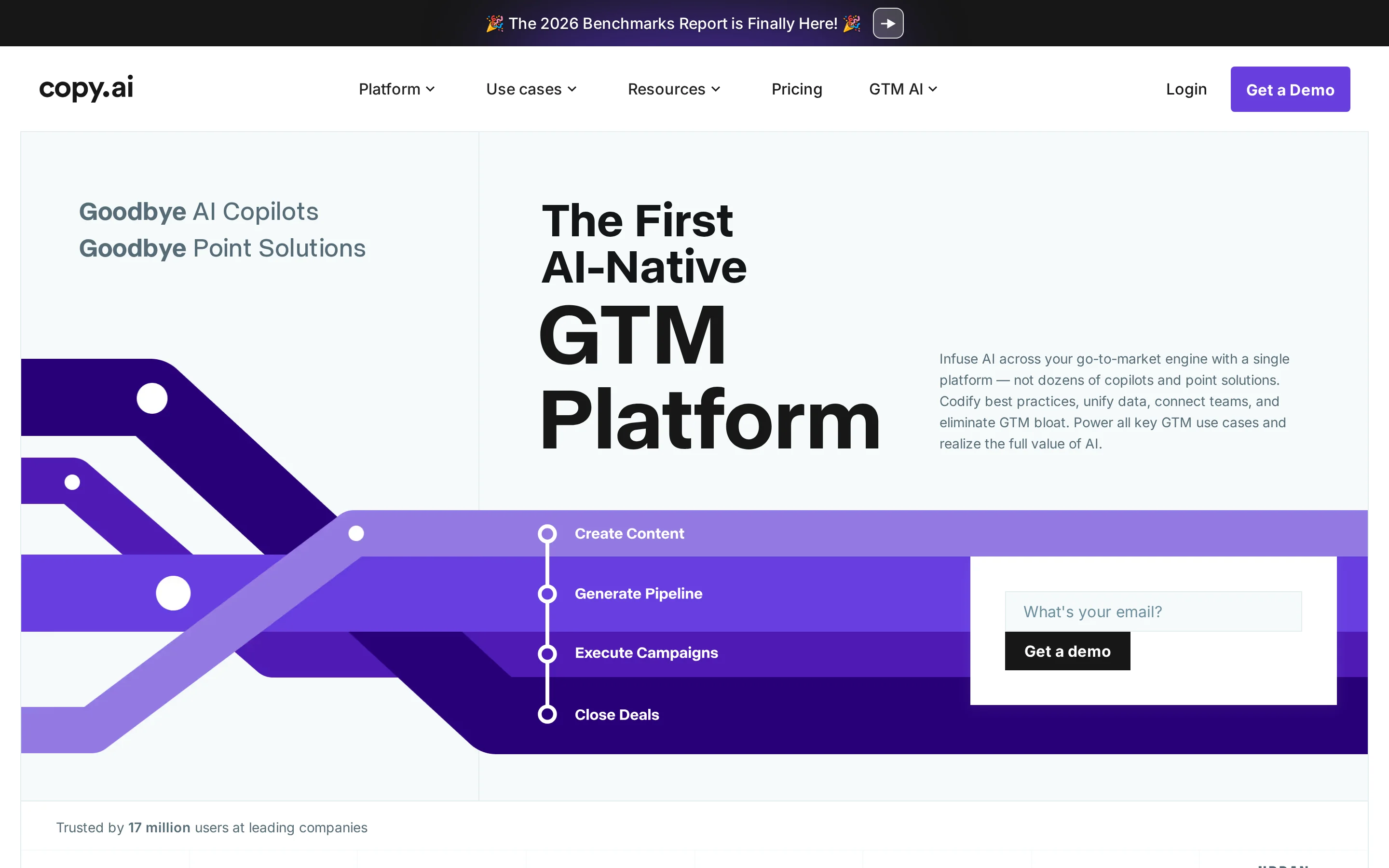 Copy.ai homepage hero section showing the main headline, supporting copy, and primary call-to-action buttons