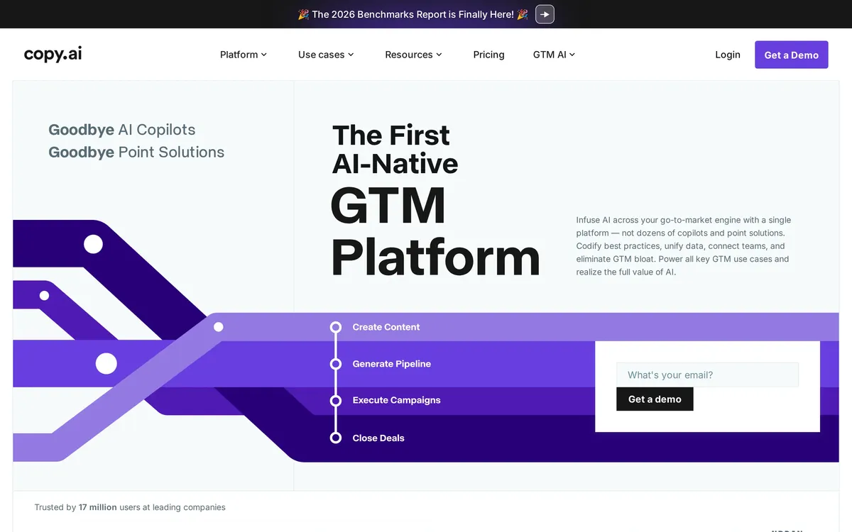 Copy.ai homepage hero section showing the main headline, supporting copy, and primary call-to-action buttons