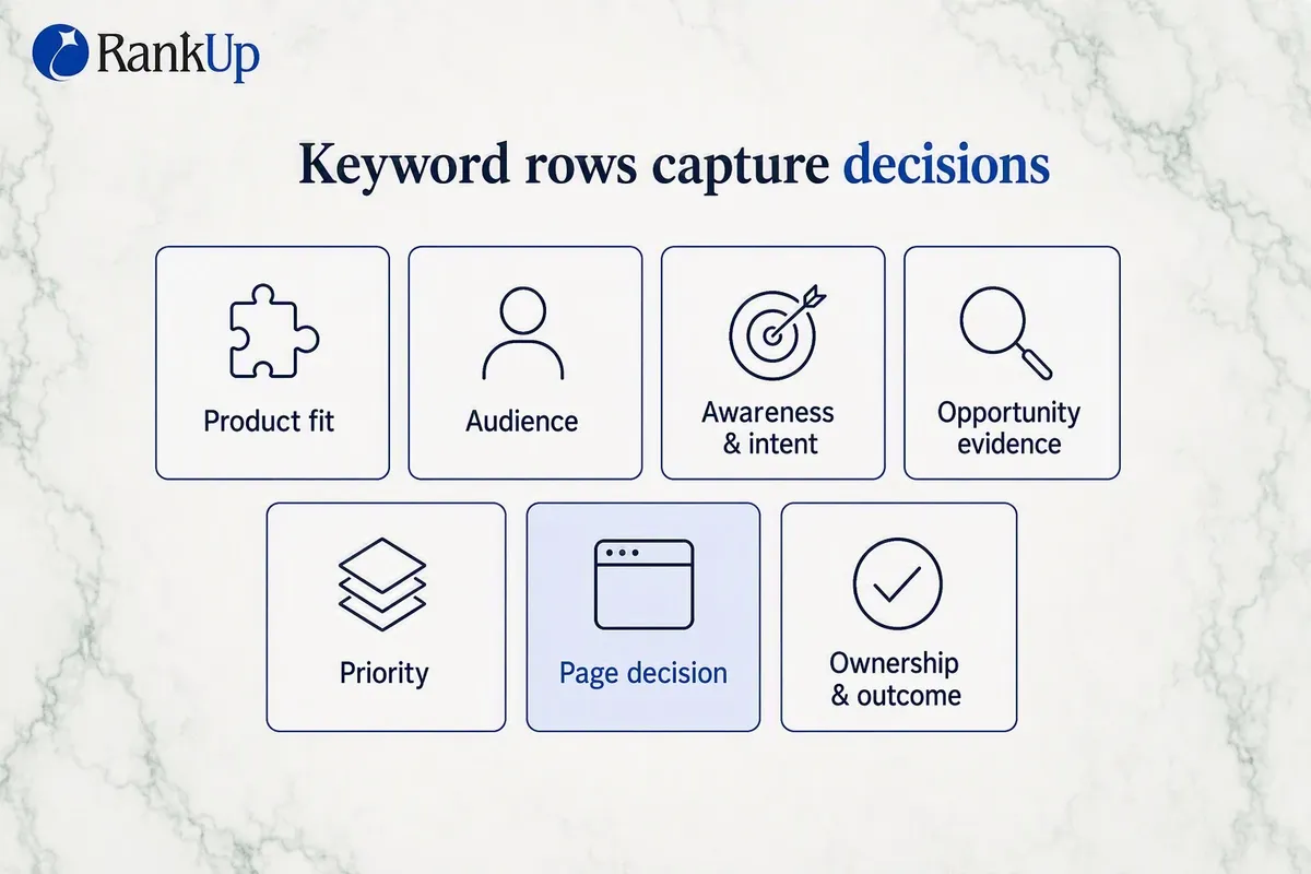 Diagram of the seven fields in a SaaS keyword map row: product fit, audience, awareness and intent, opportunity evidence,...