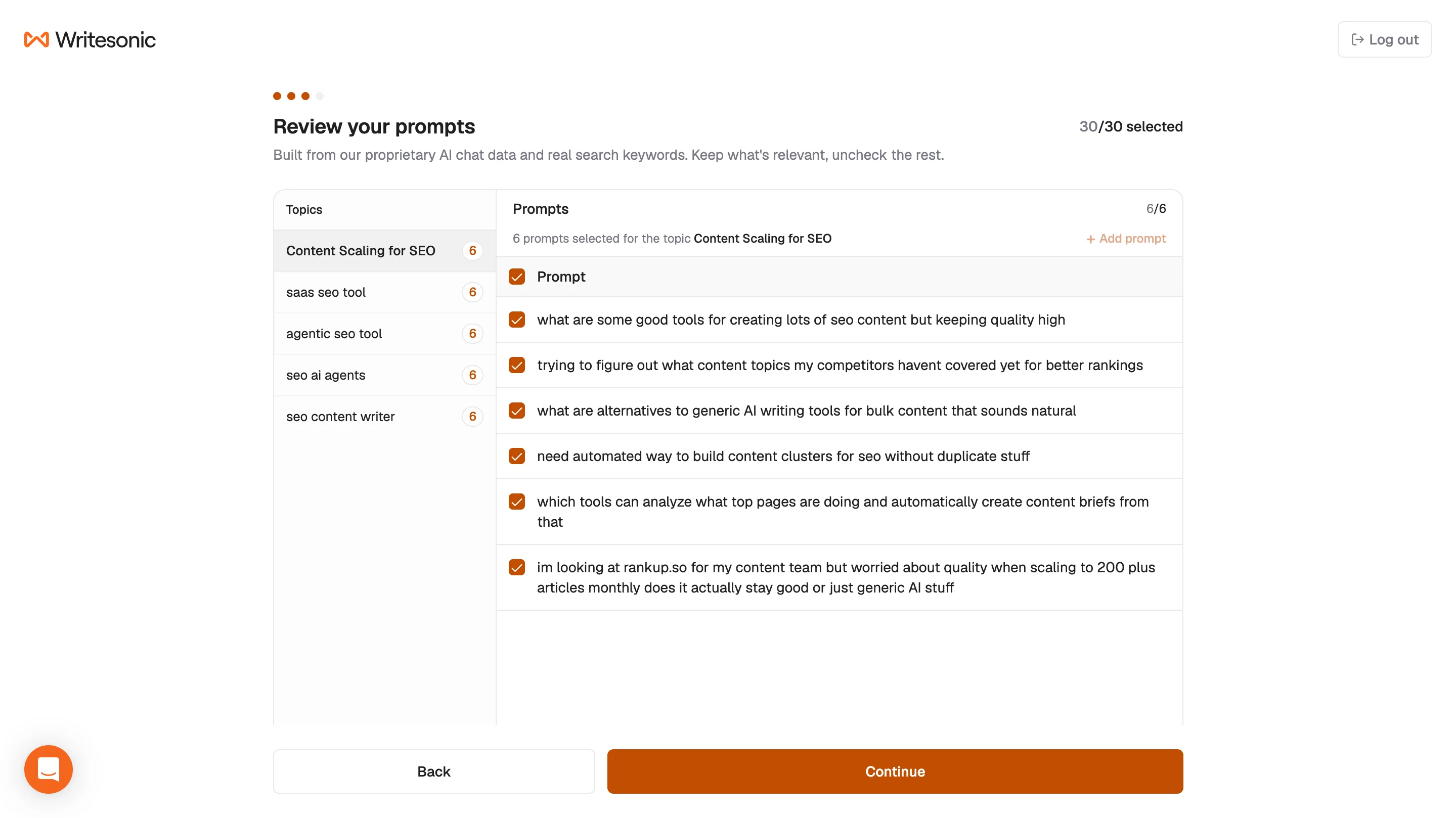 Writesonic showing six generated AI search prompts for each selected topic