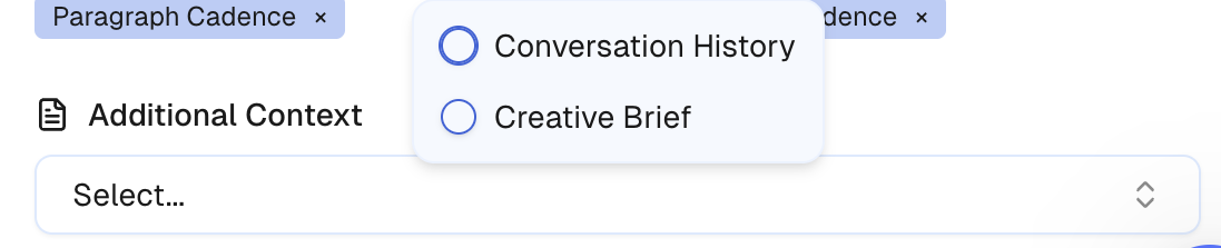 Creative Brief additional context feature interface showing product and audience information