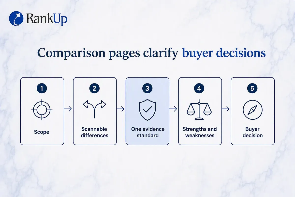 Five-stage build sequence for a comparison page covering scope, scannable differences, one evidence standard, strengths an...