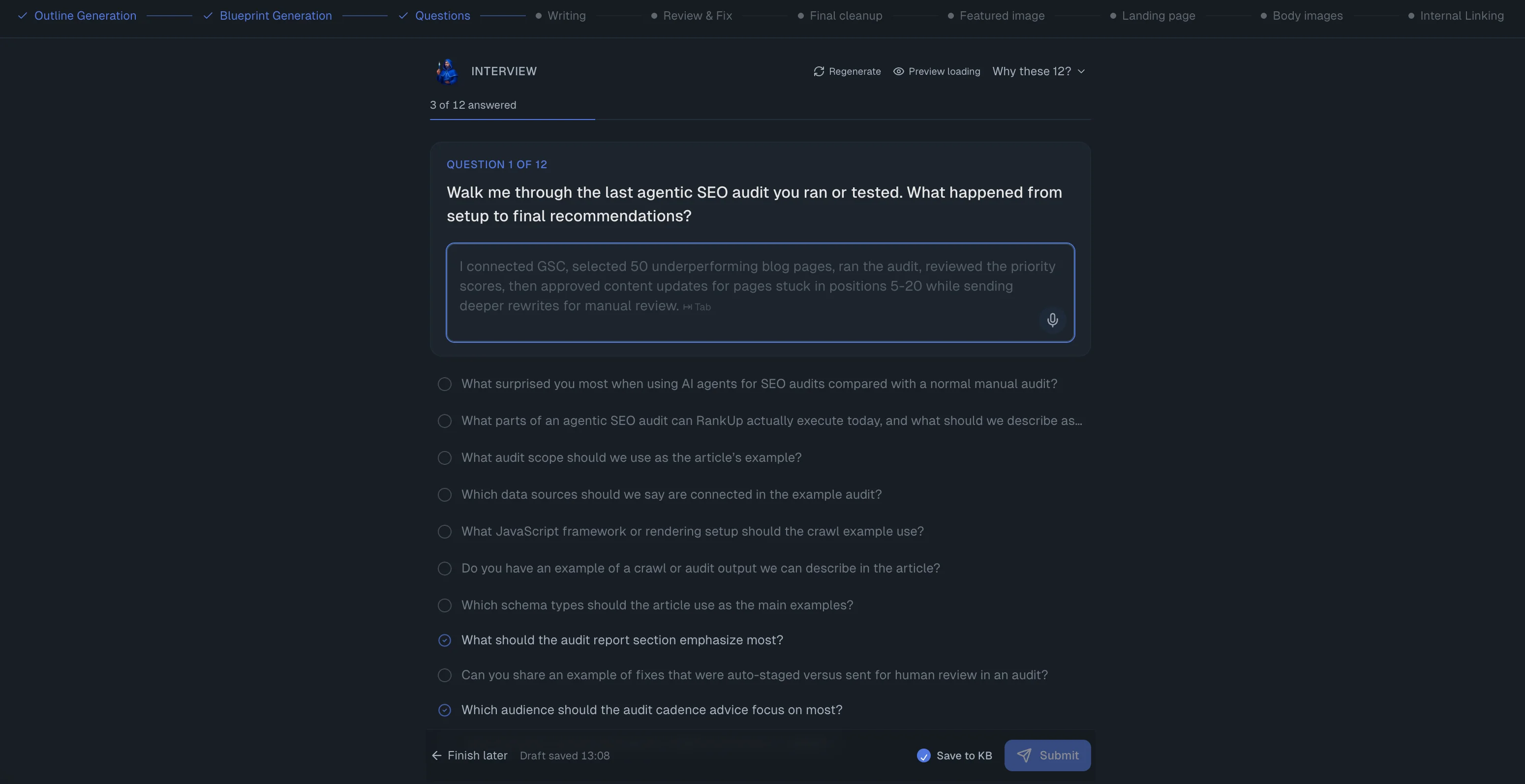 RankUp interview screen asking focused questions to capture missing expertise