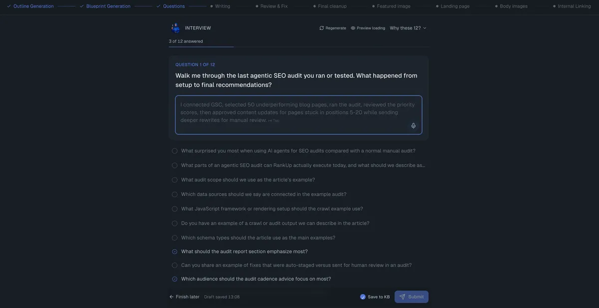 RankUp interview screen asking focused questions to capture missing expertise