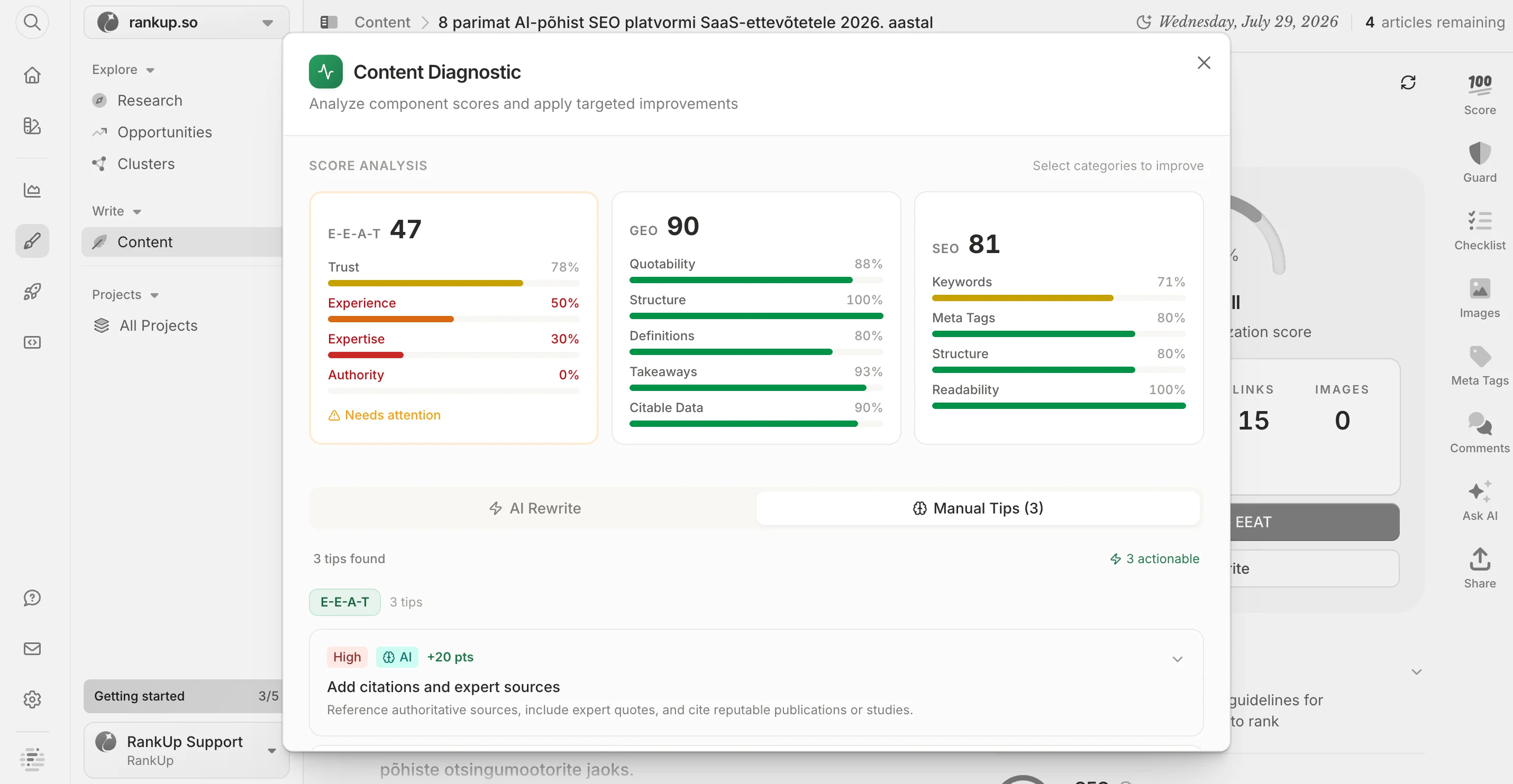Frase content diagnostics showing separate E-E-A-T, GEO, and SEO scores