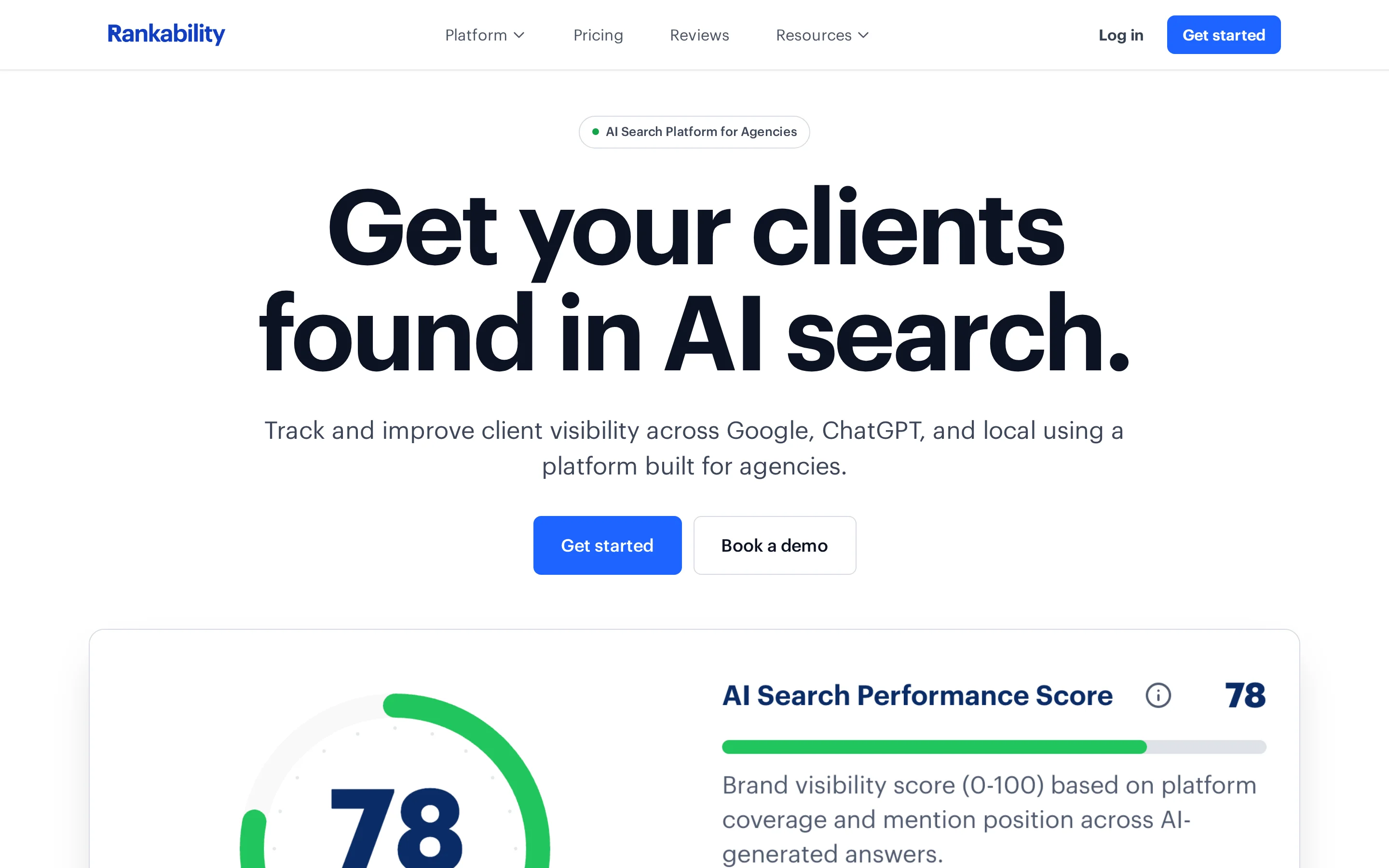 Rankability homepage hero presenting its SEO content optimization platform