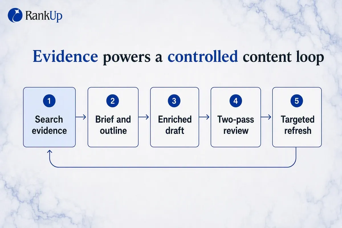 Connected content lifecycle: live search evidence feeds a brief and outline, then a draft enriched with expertise and visu...