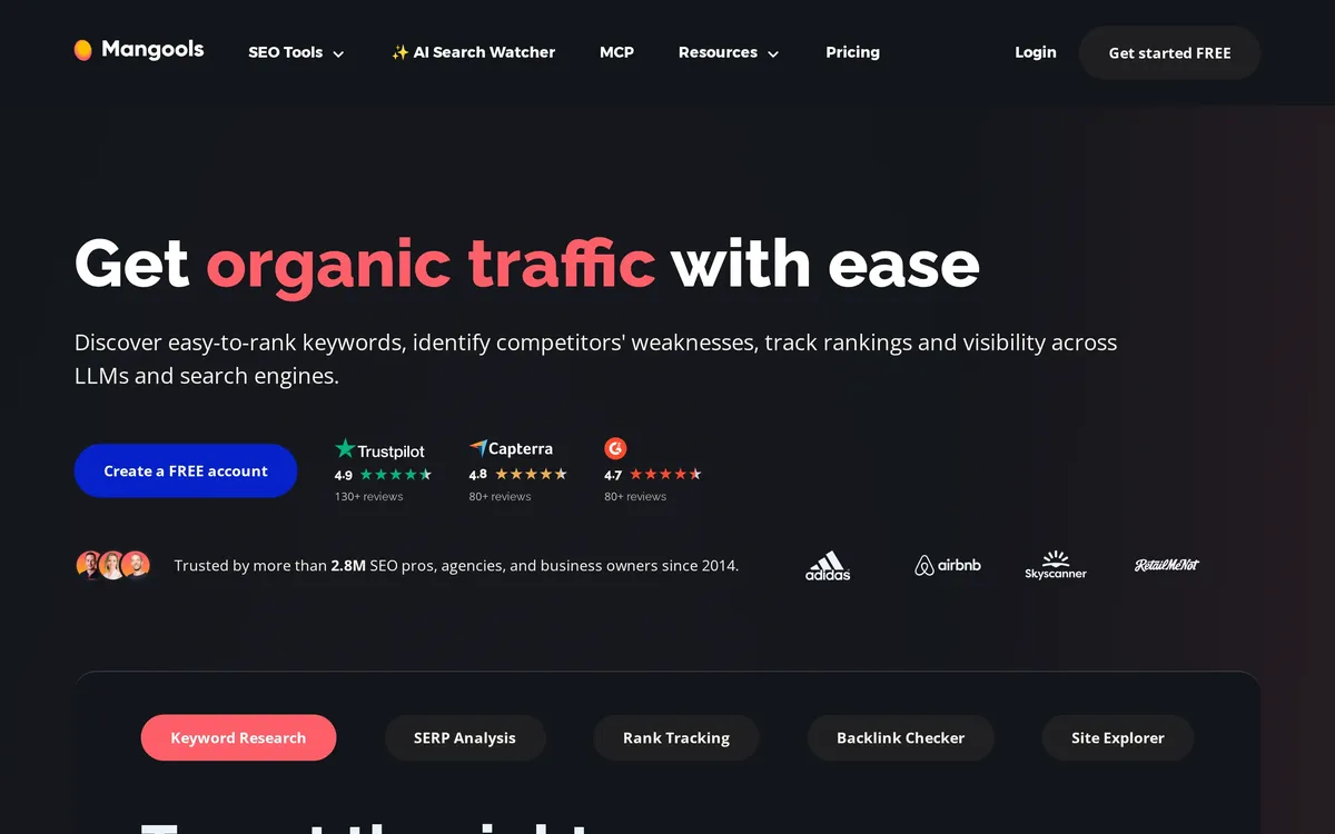 Mangools SEO suite with focused keyword research and rank tracking tools