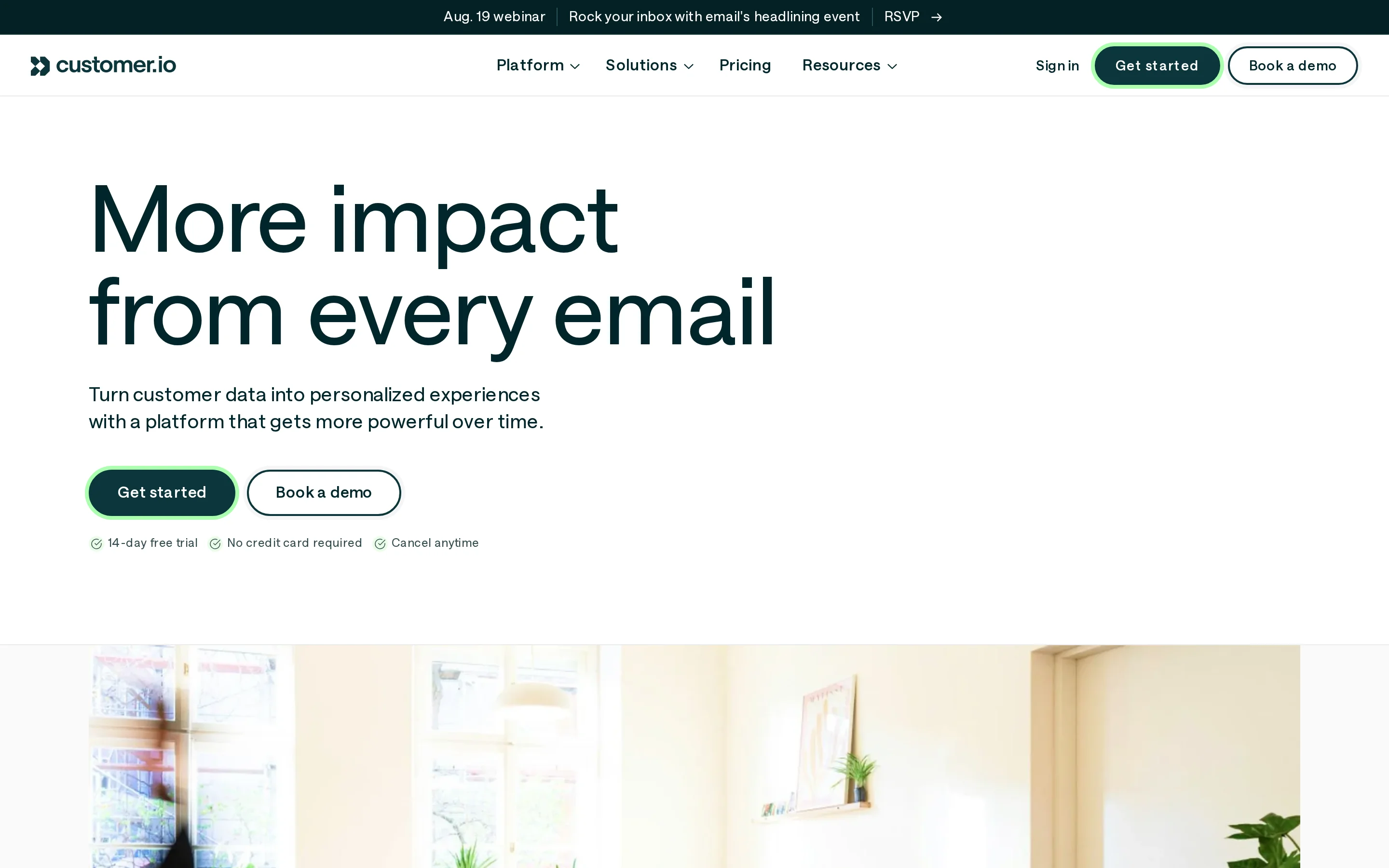 Customer.io homepage hero presenting its customer engagement platform