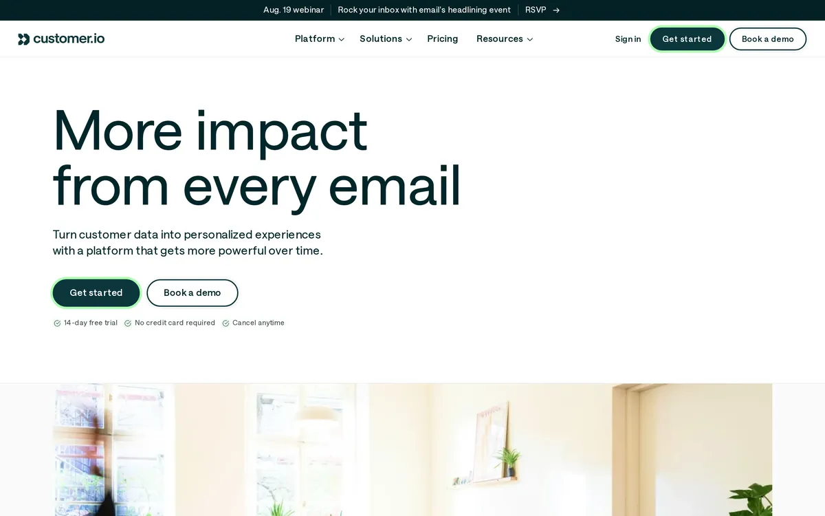 Customer.io homepage hero presenting its customer engagement platform