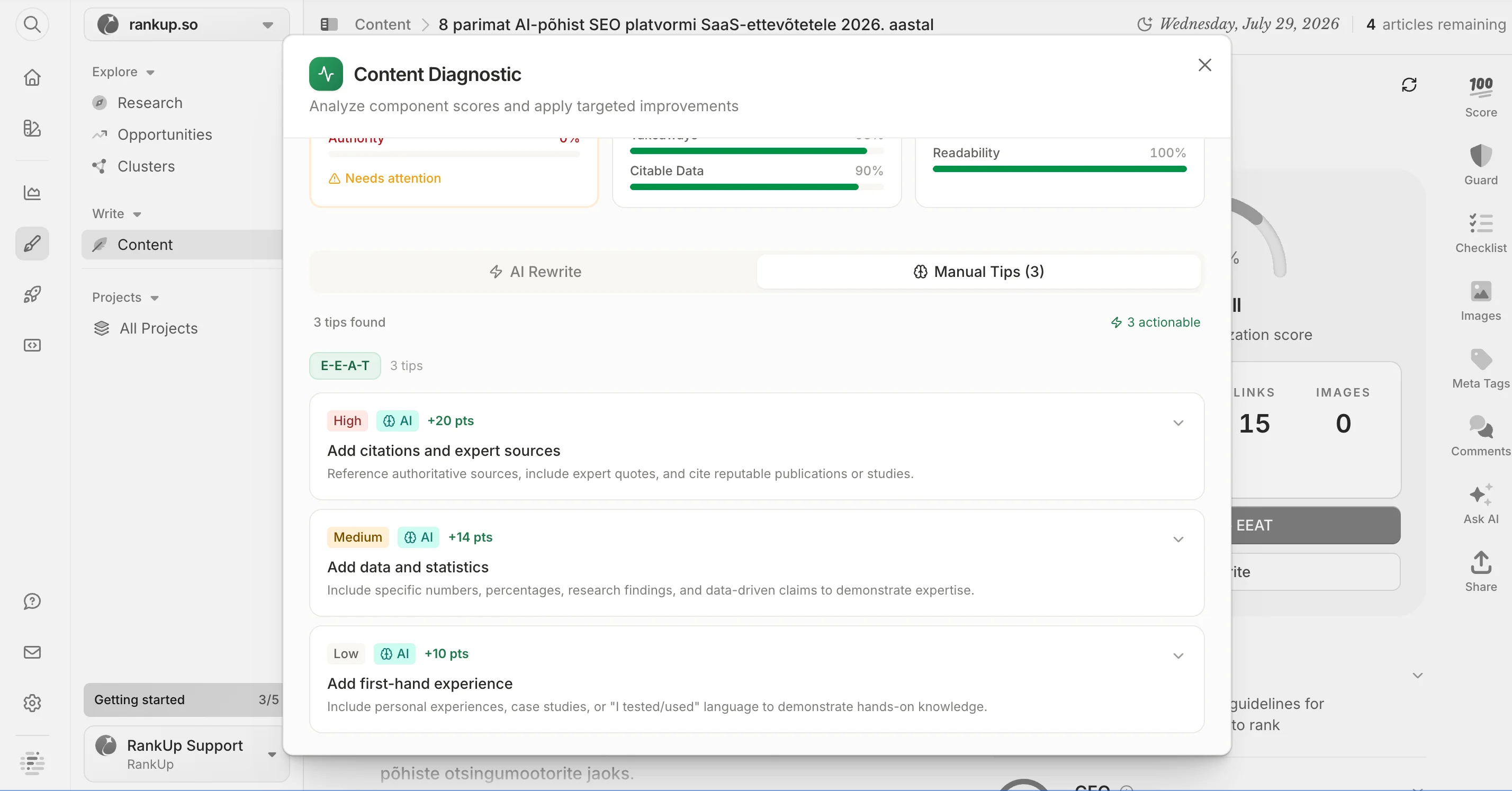 Frase Content Diagnostic modal with Authority scored at 0% and flagged Needs attention, listing three E-E-A-T tips: add citations and expert sources, add data and statistics, and add first-hand experience