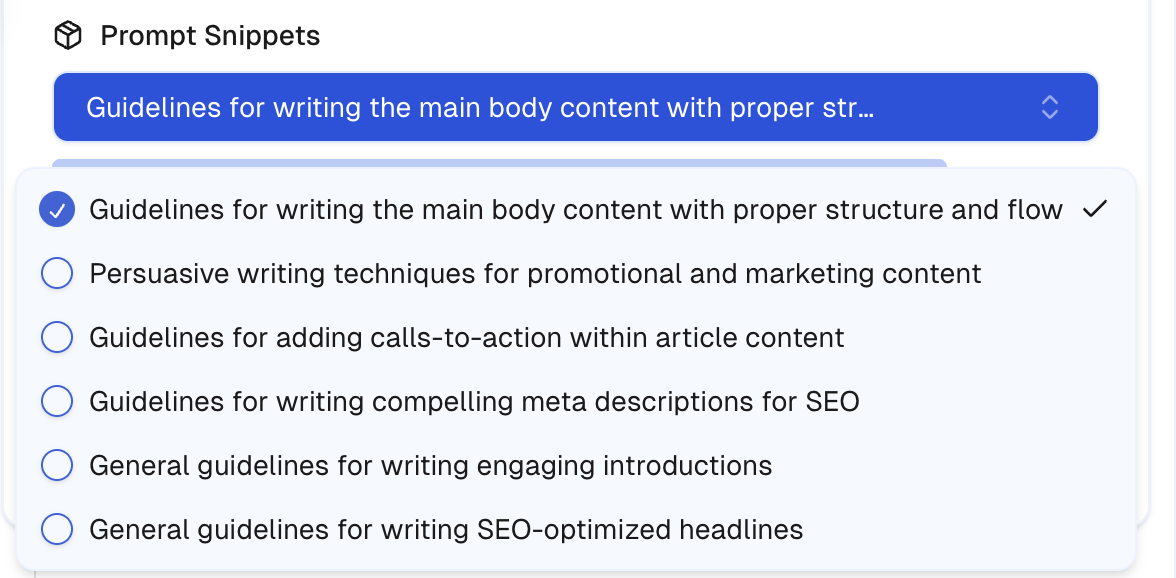Prompt Snippets feature interface showing pre-built and custom prompts for AI writing tasks