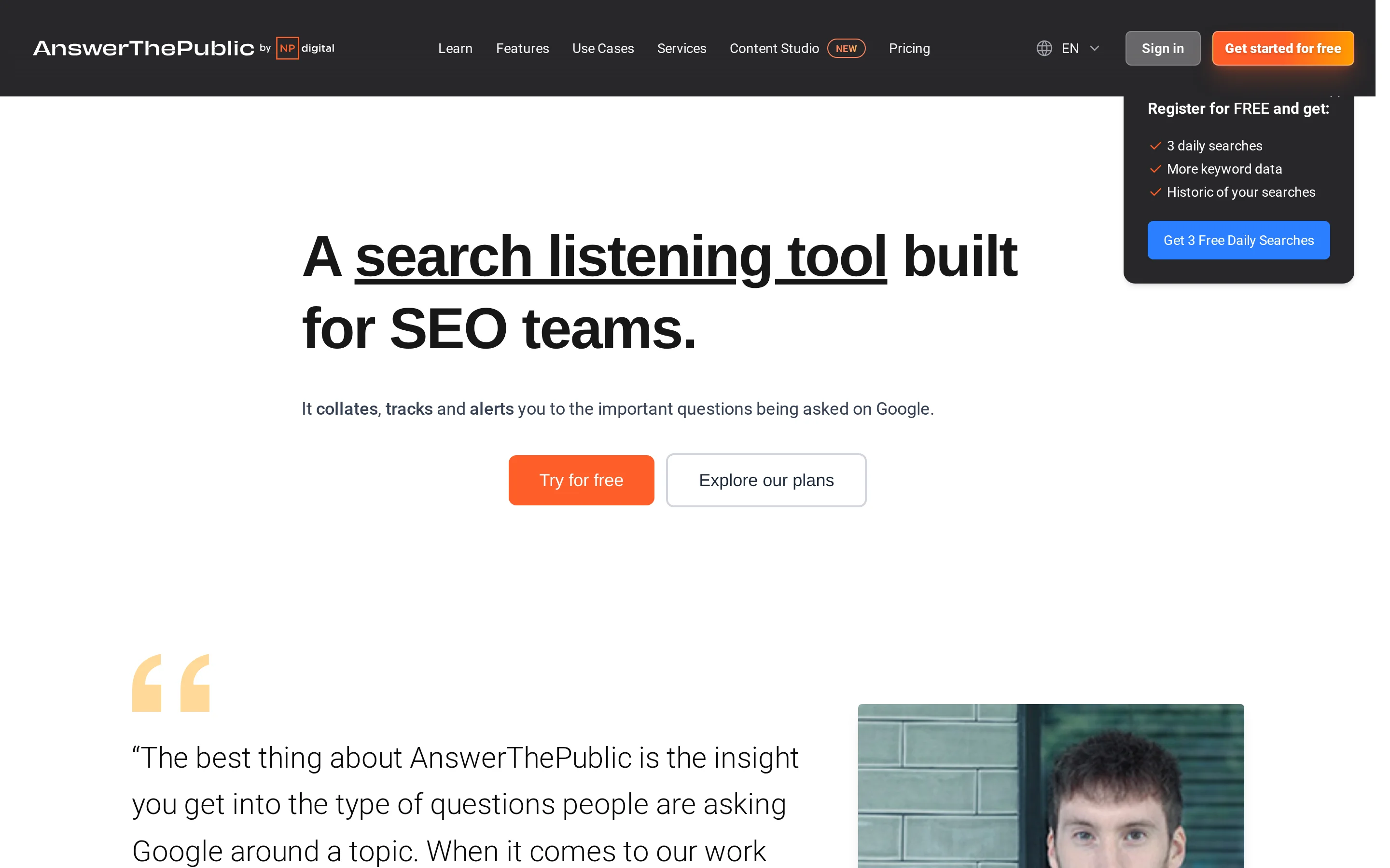 AnswerThePublic hero presenting its search listening tool for SEO teams
