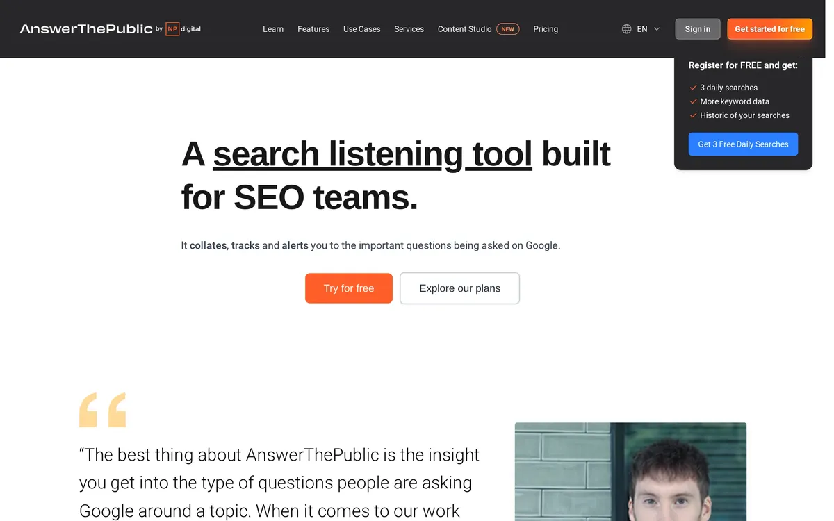 AnswerThePublic hero presenting its search listening tool for SEO teams