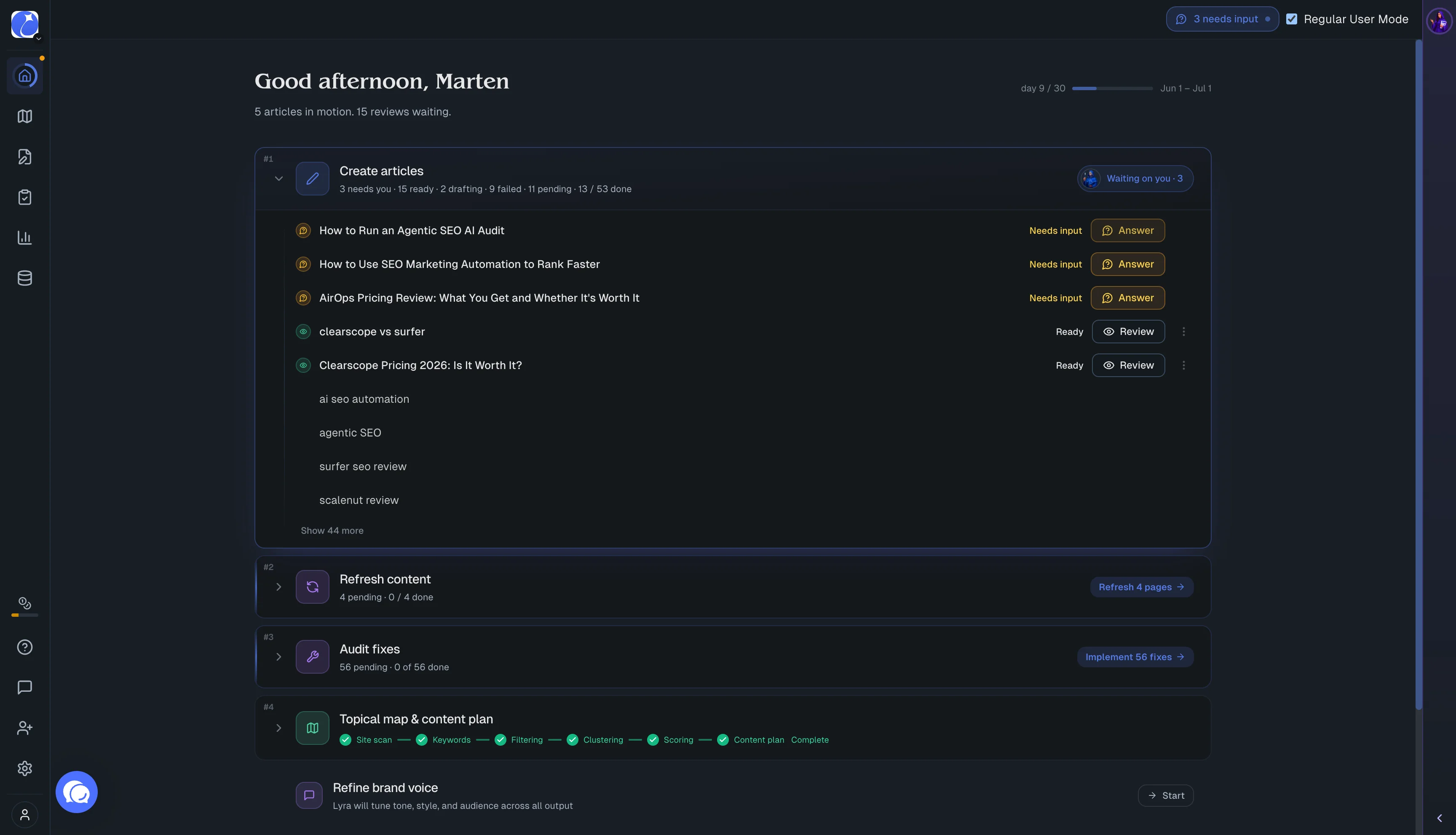 RankUp's home dashboard showing the content agenda, article status, and Lyra AI assistant sidebar RankUp's home dashboard showing the content agenda, article status, and Lyra AI assistant sidebar