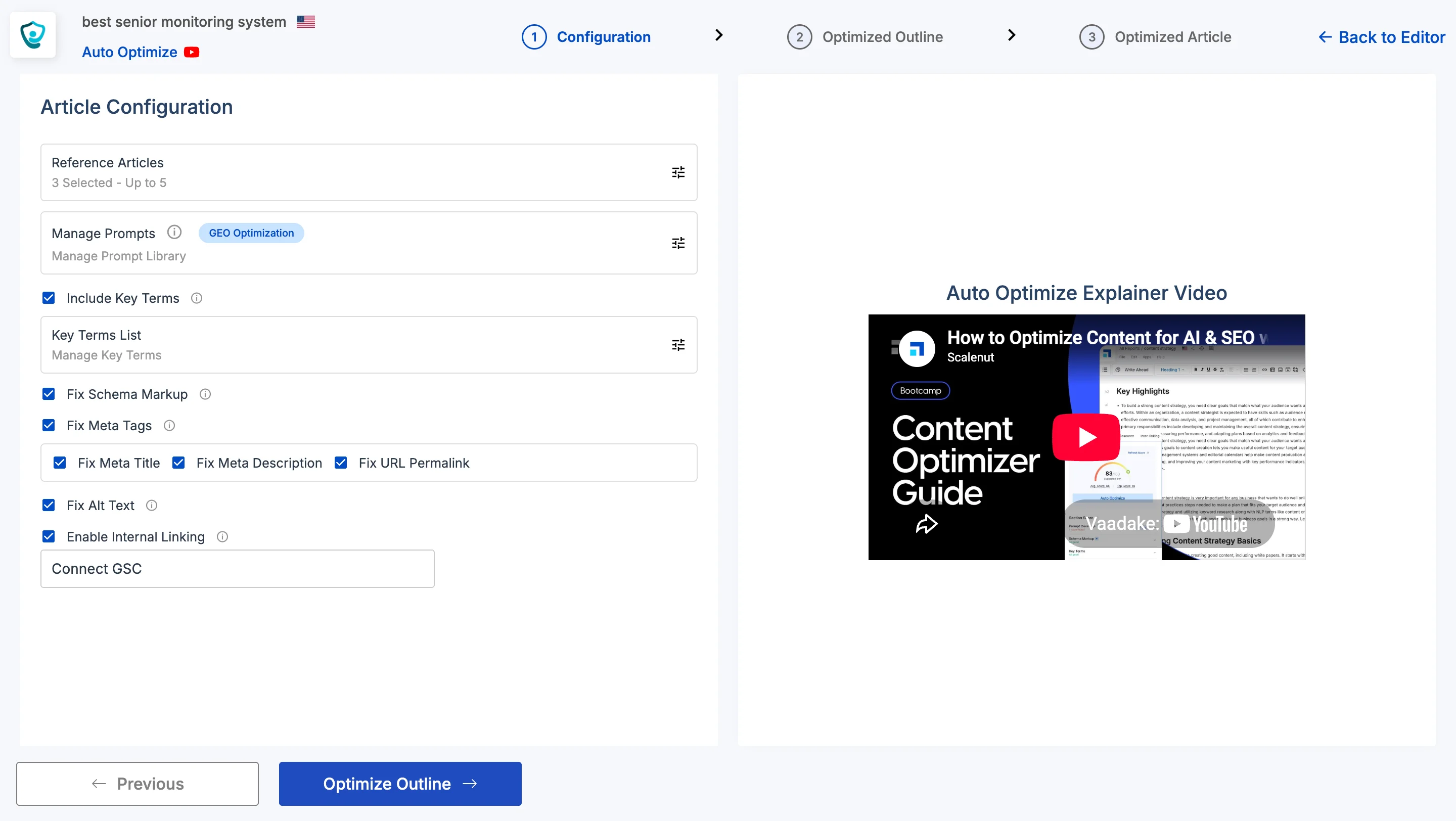 Scalenut Auto Optimize configuration with reference pages, GEO prompts, schema, metadata, alt text, and internal linking