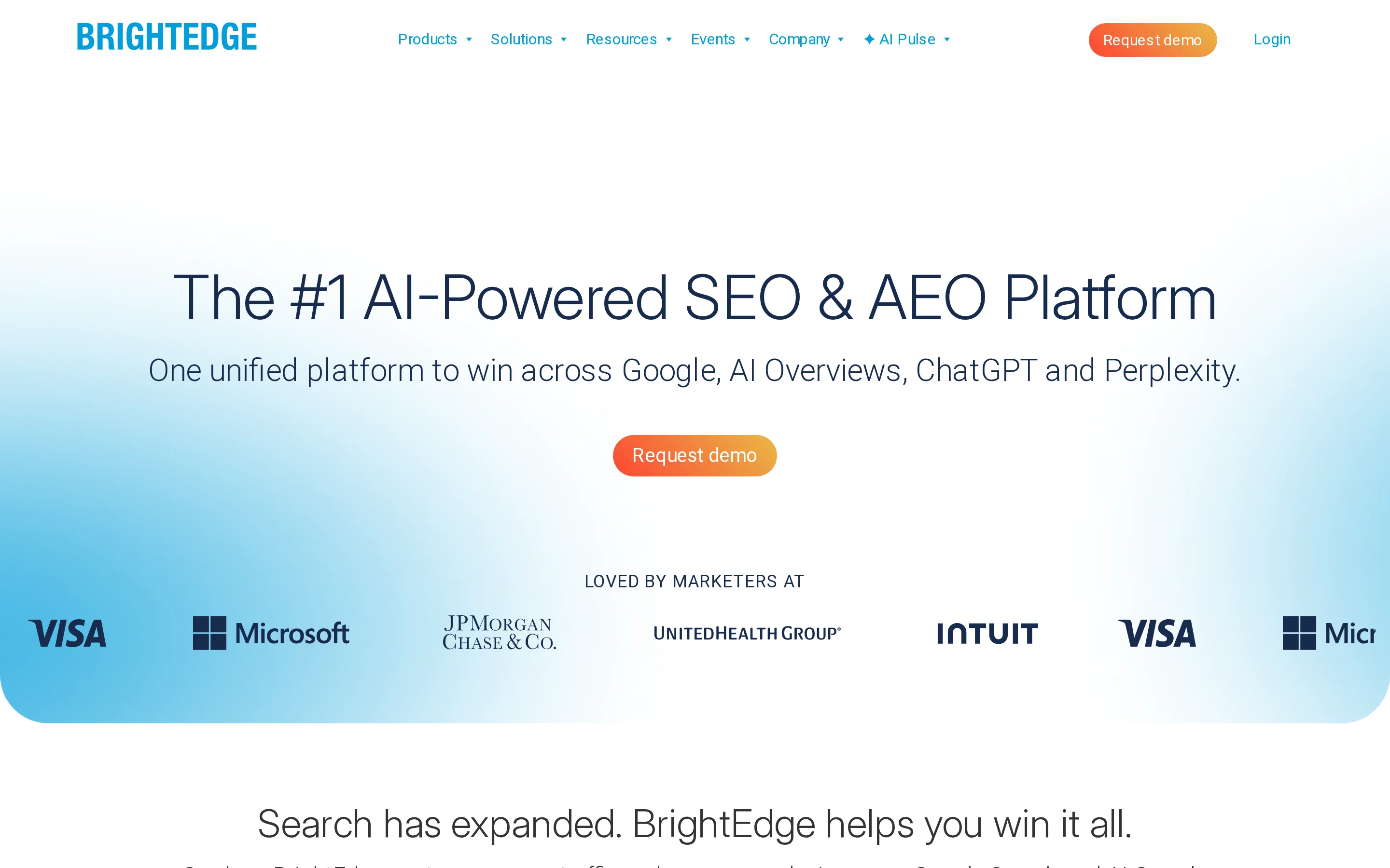 BrightEdge homepage hero with its main headline and platform visual