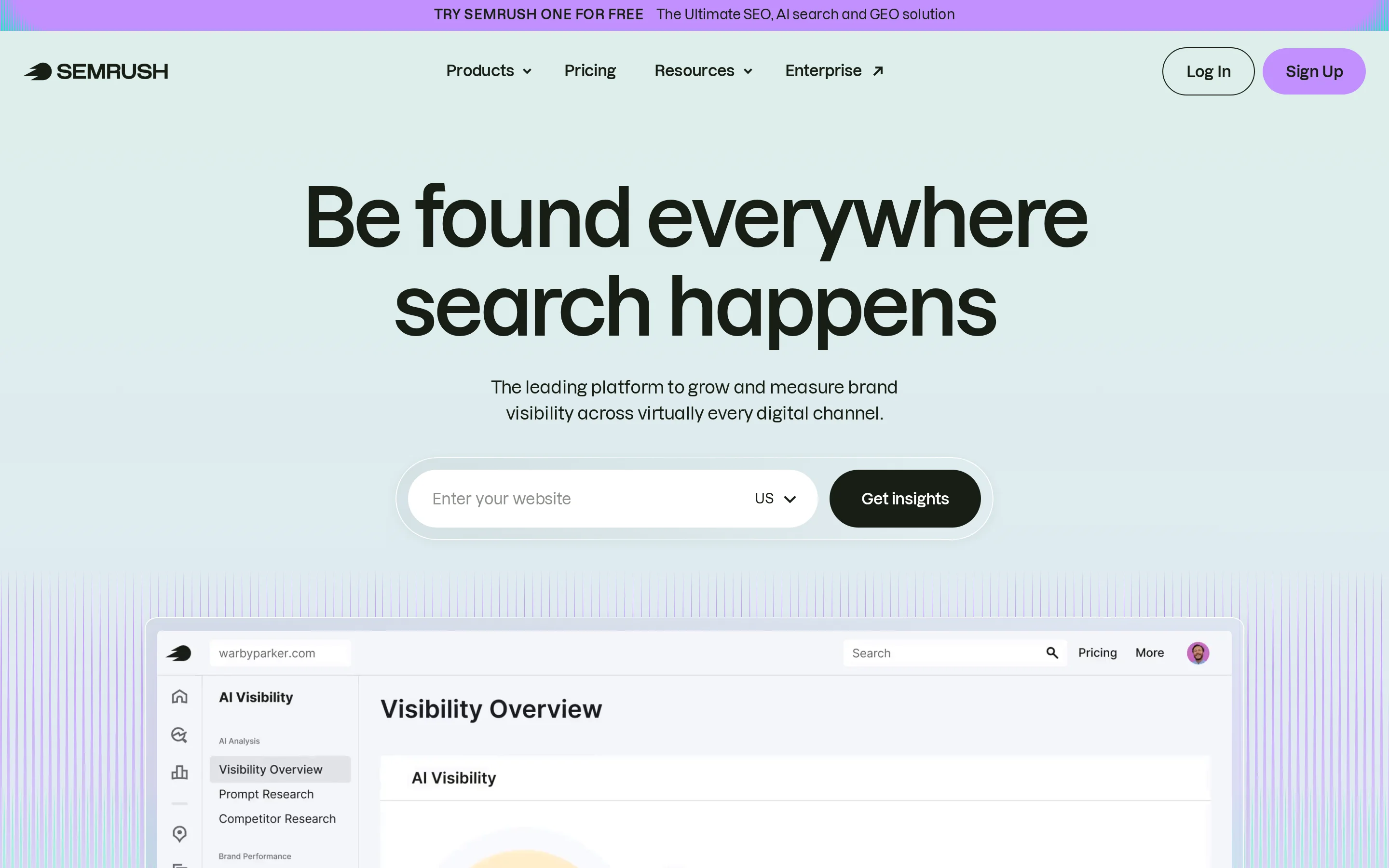 Semrush landing page and AI visibility dashboard tracking brand presence across search platforms Semrush landing page and AI visibility dashboard tracking brand presence across search platforms
