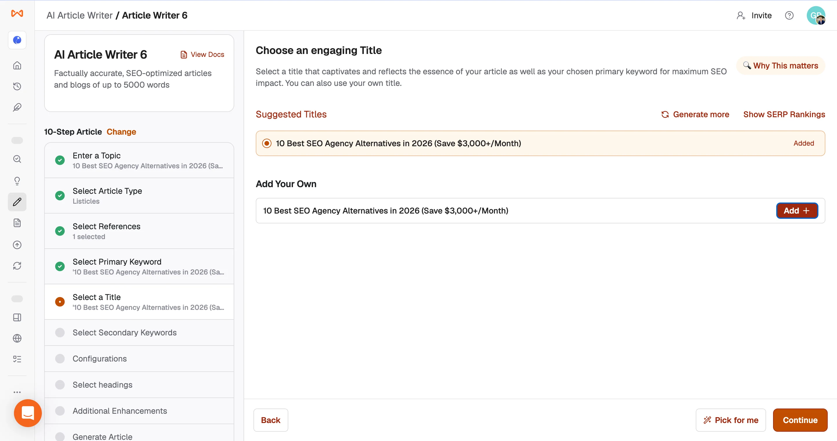 Writesonic title selection screen with SEO title suggestions