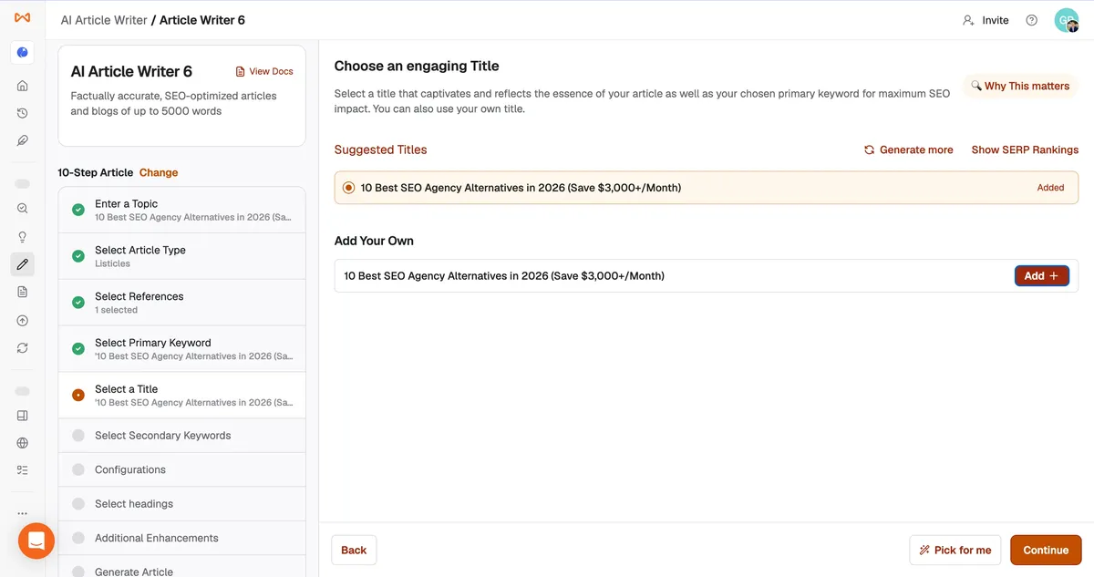 Writesonic title selection screen with SEO title suggestions