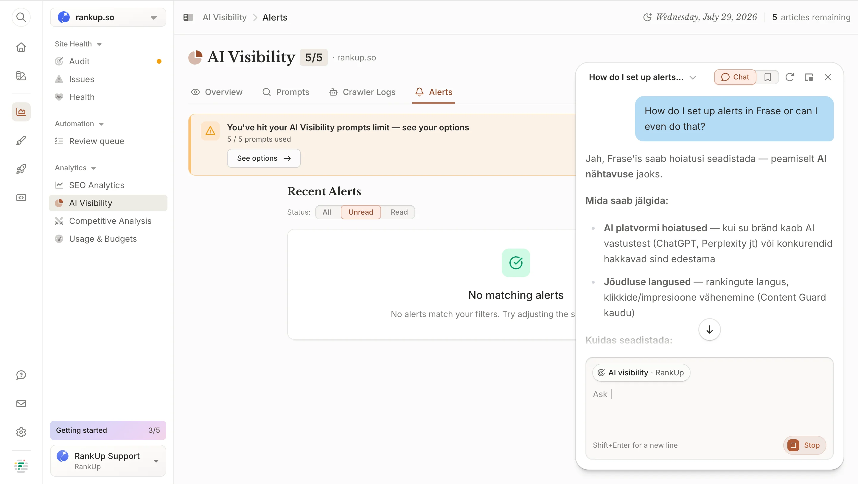 Frase AI assistant explaining automatic alerts for brand mentions and performance changes