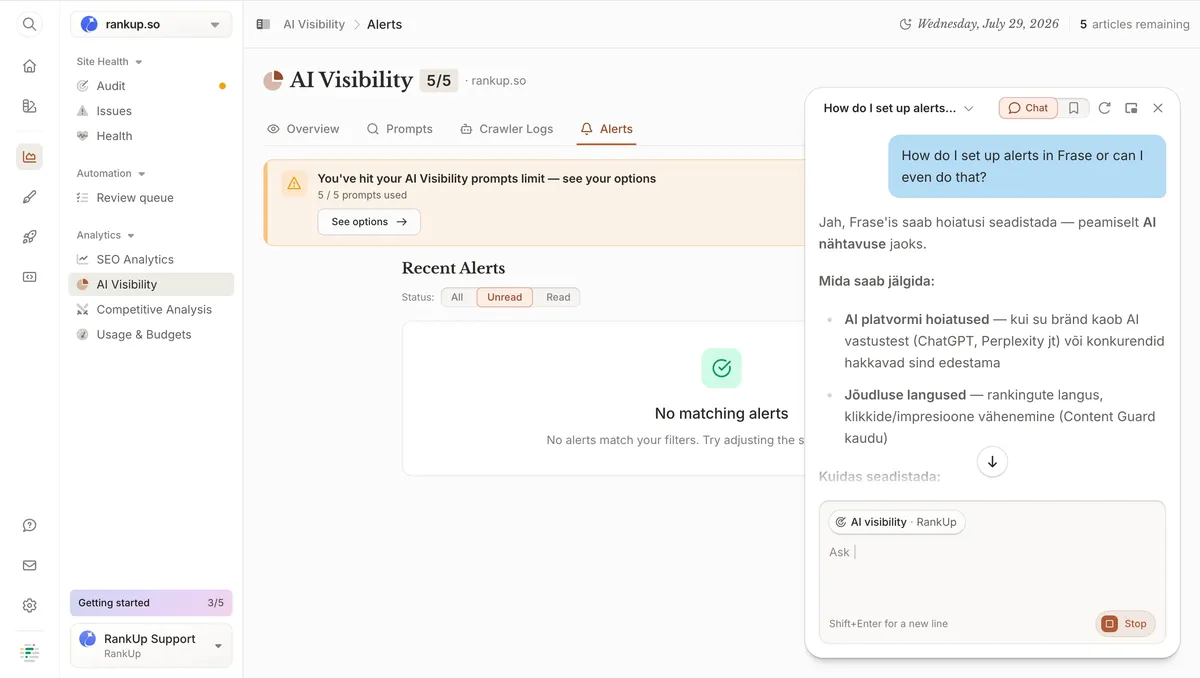 Frase AI assistant explaining automatic alerts for brand mentions and performance changes