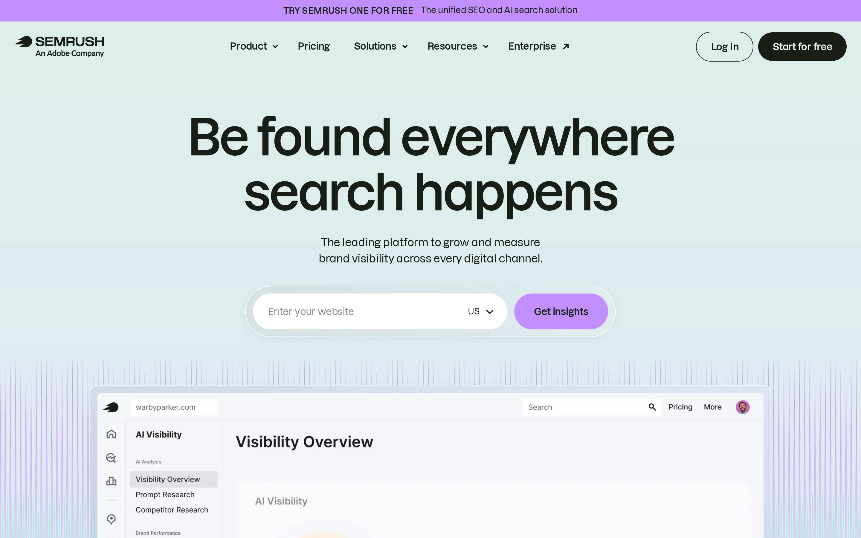 Semrush homepage hero presenting its digital marketing platform
