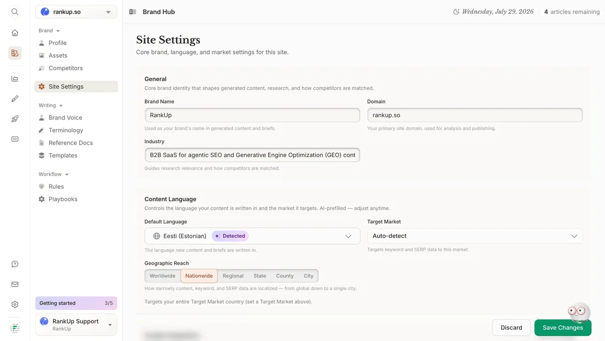 Frase Brand Hub site settings for rankup.so, with Default Language set to Eesti (Estonian) and flagged as auto-detected
