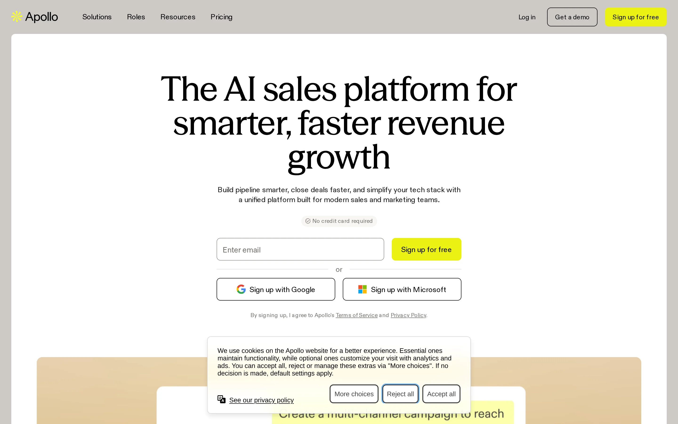 Apollo.io homepage hero presenting its sales intelligence platform
