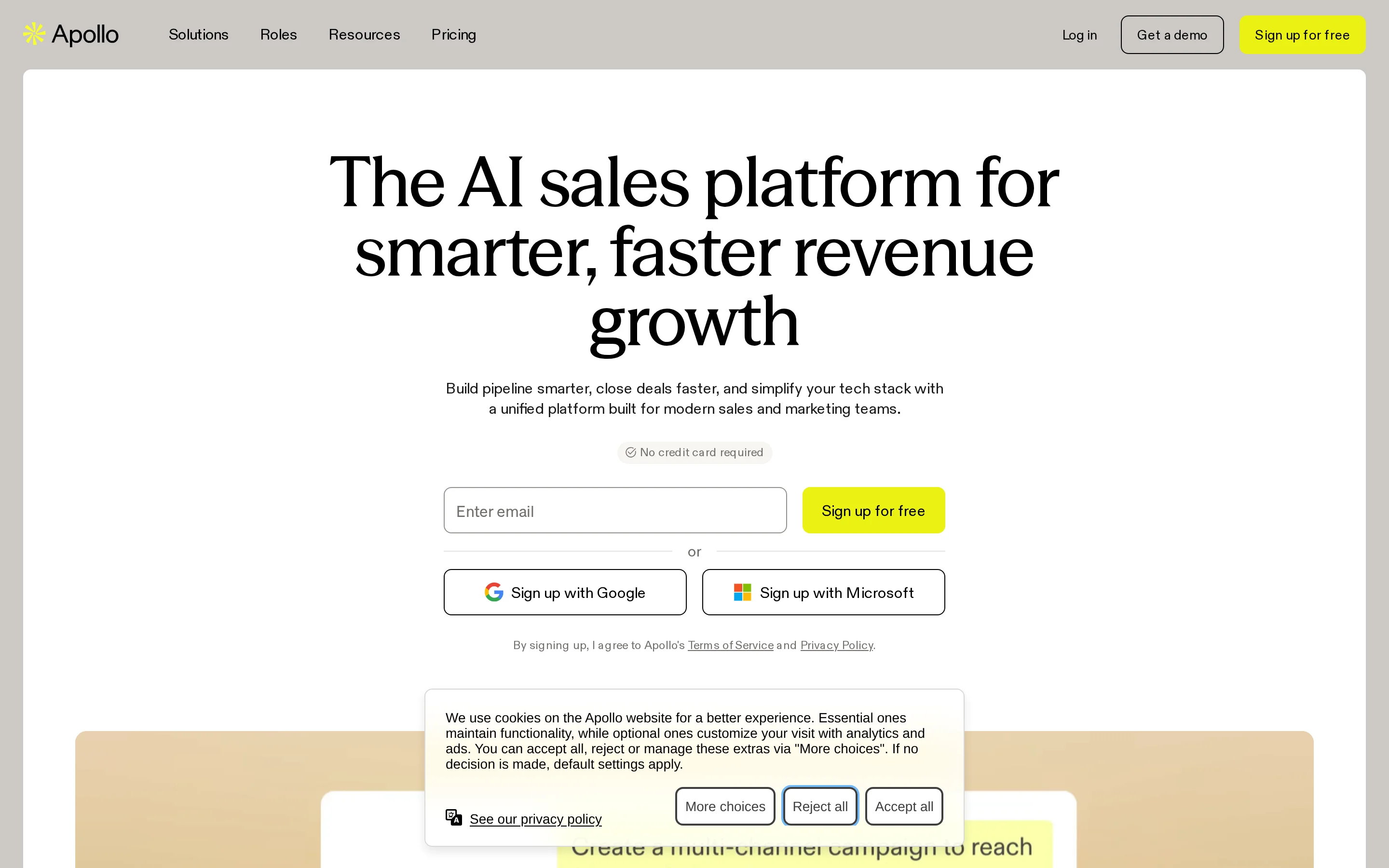 Apollo homepage showing its AI-powered sales workflow