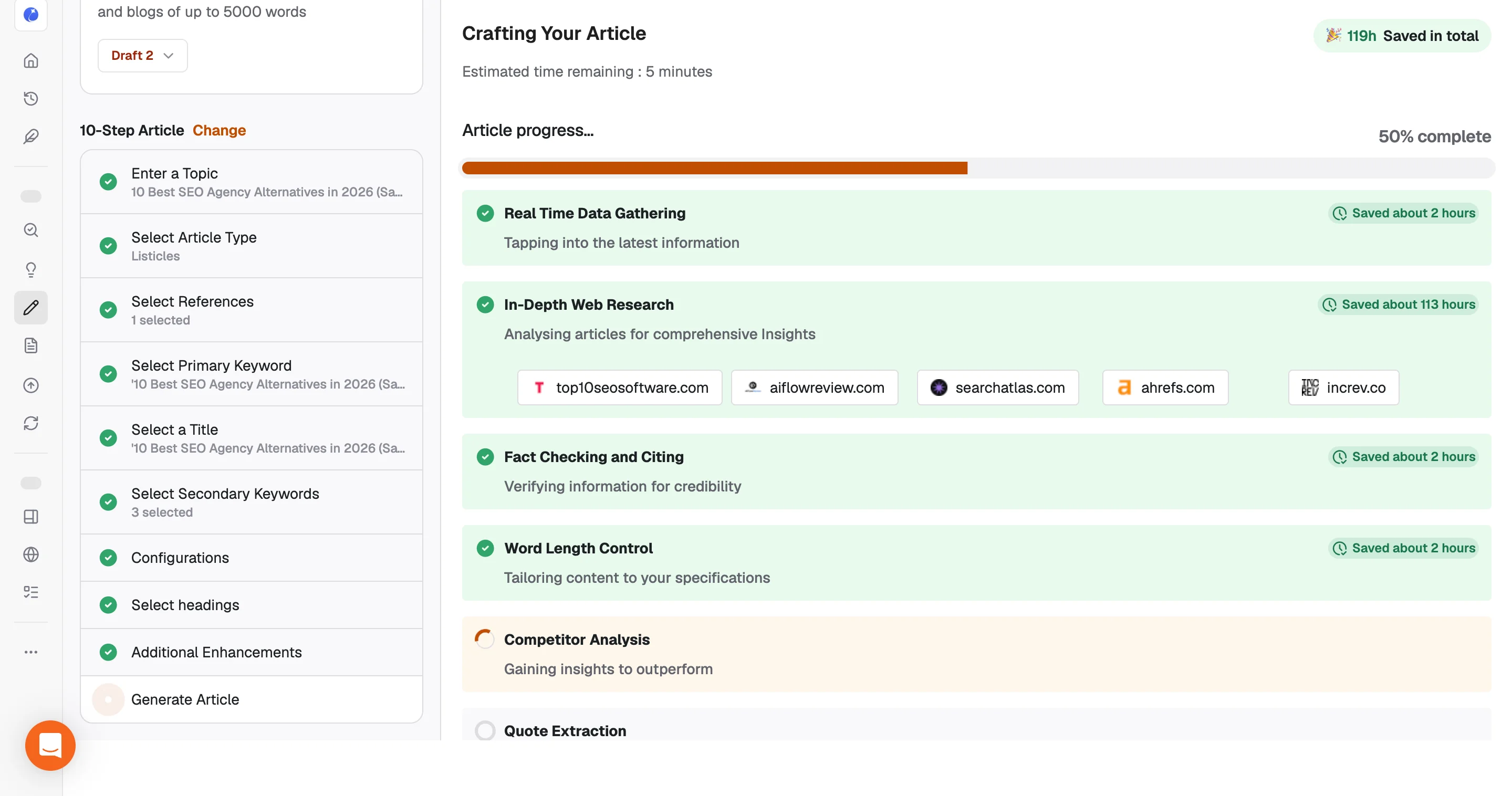 Writesonic Article Writer 6 generating a draft through its guided 10-step workflow