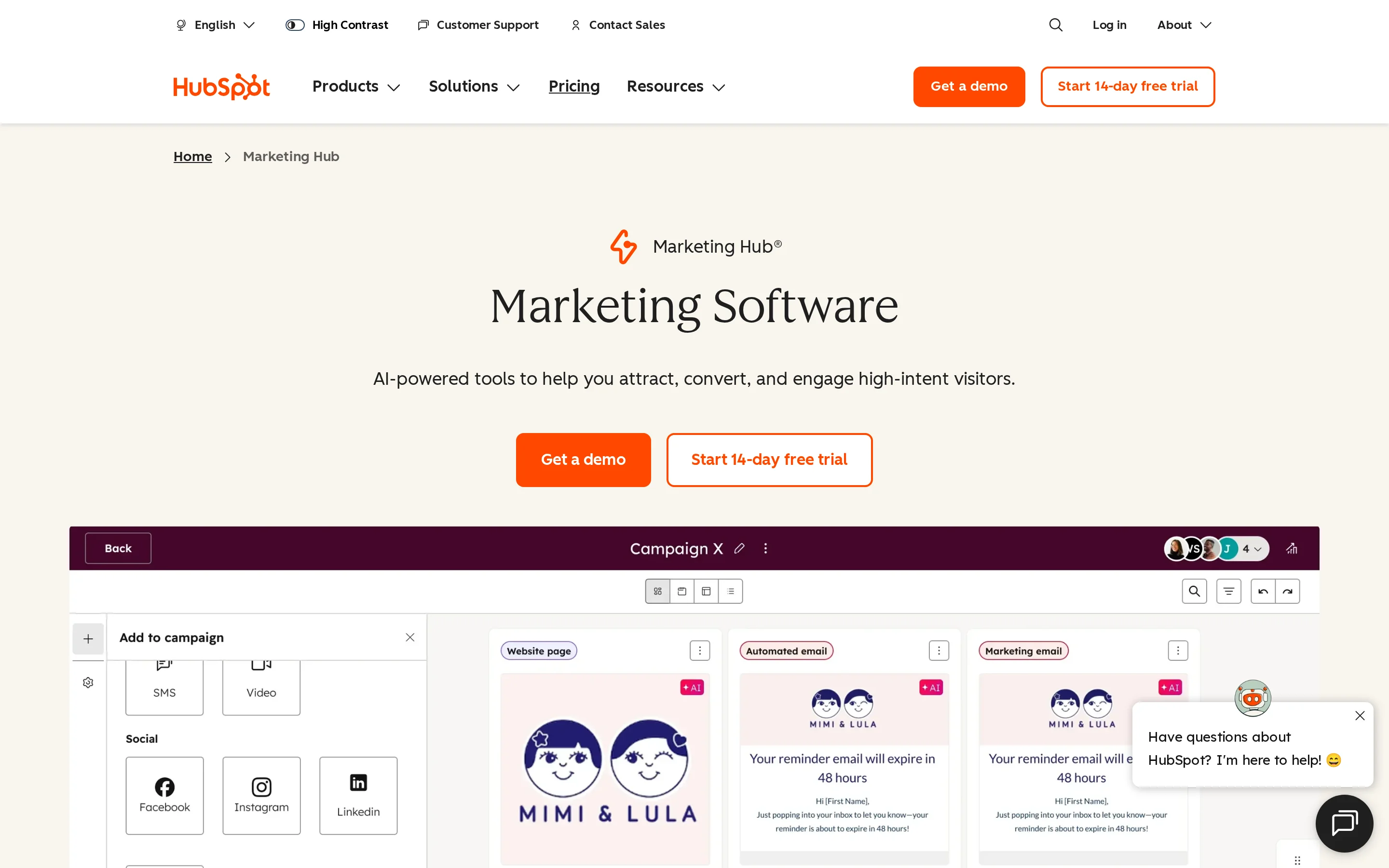 HubSpot Marketing Hub hero presenting its marketing software platform