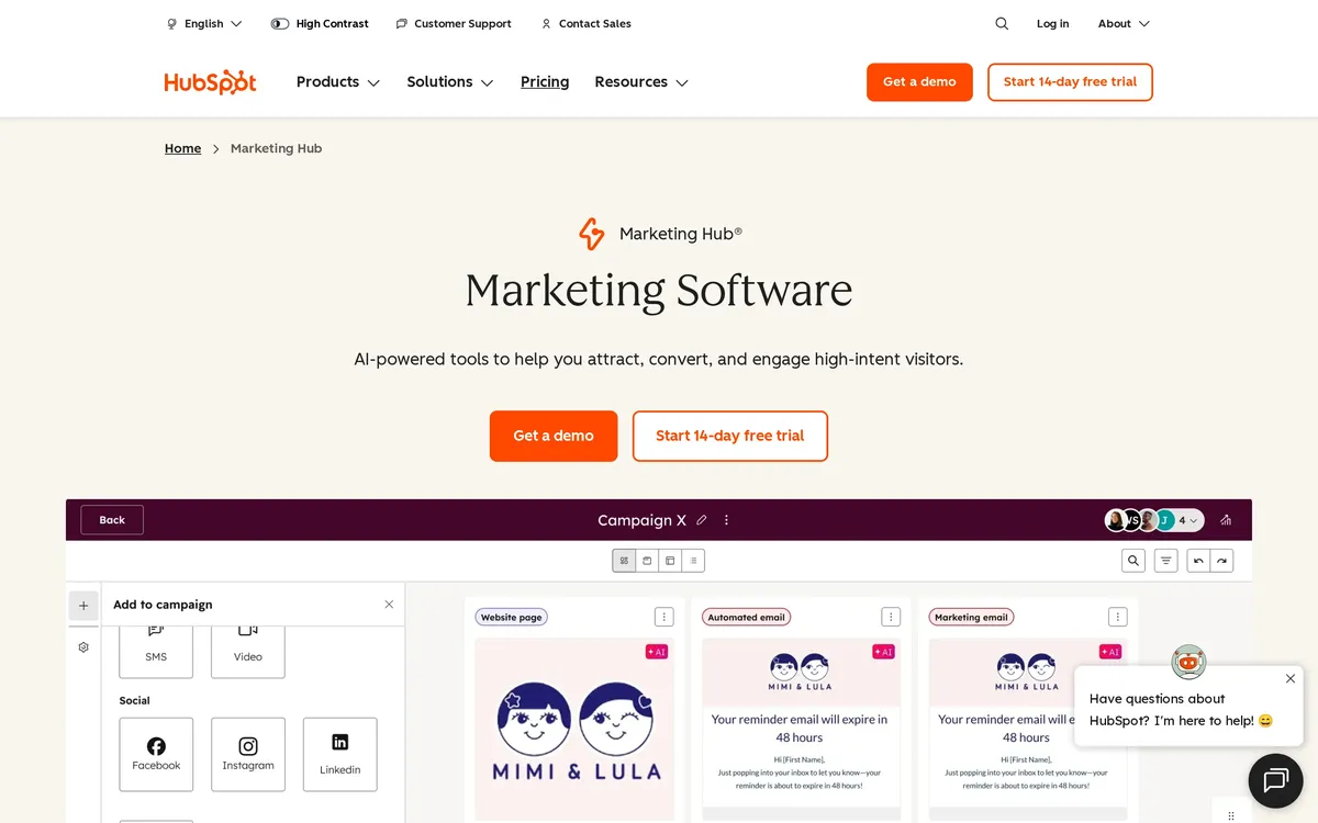 HubSpot Marketing Hub hero presenting its marketing software platform