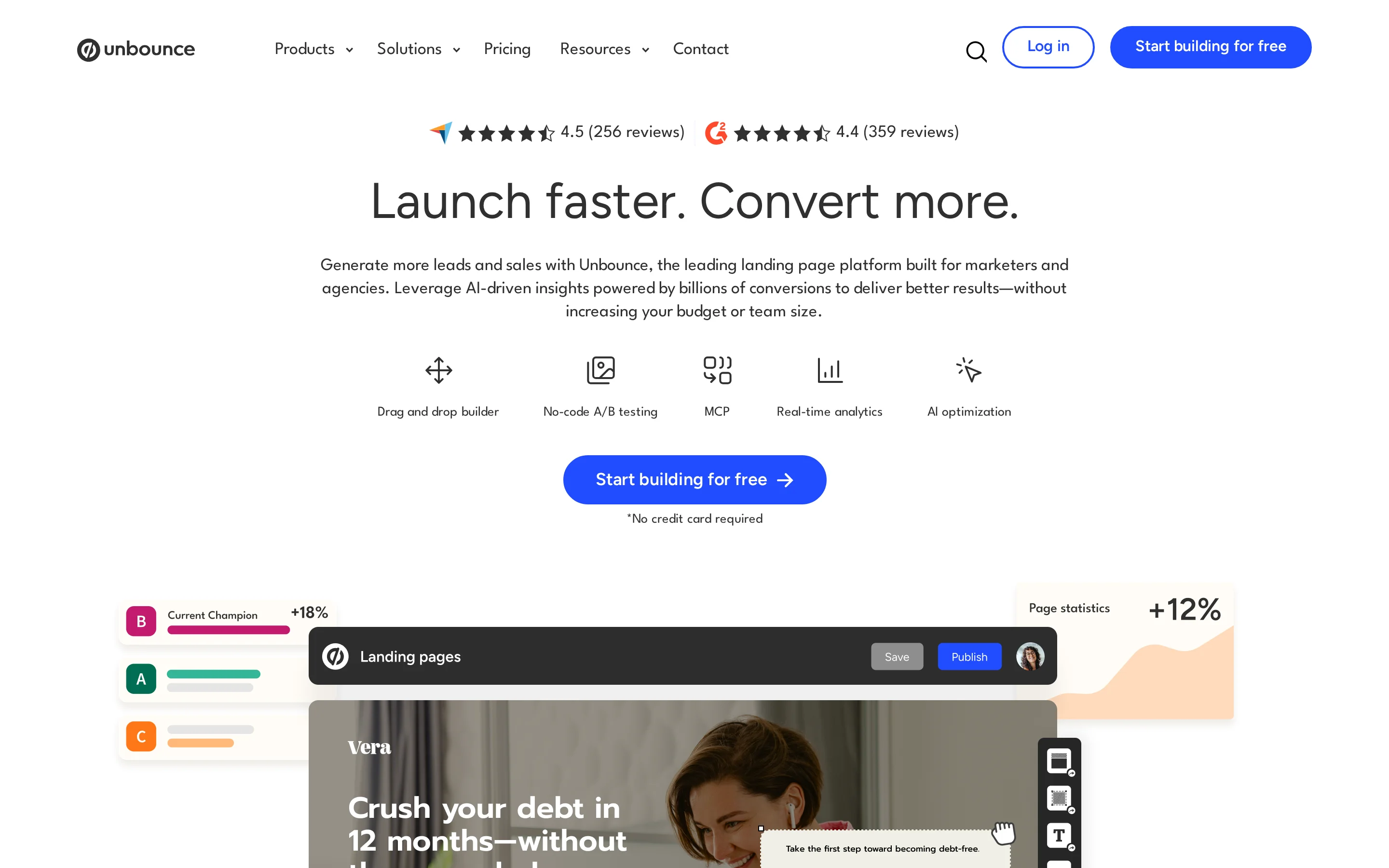 Unbounce homepage hero presenting its landing page platform