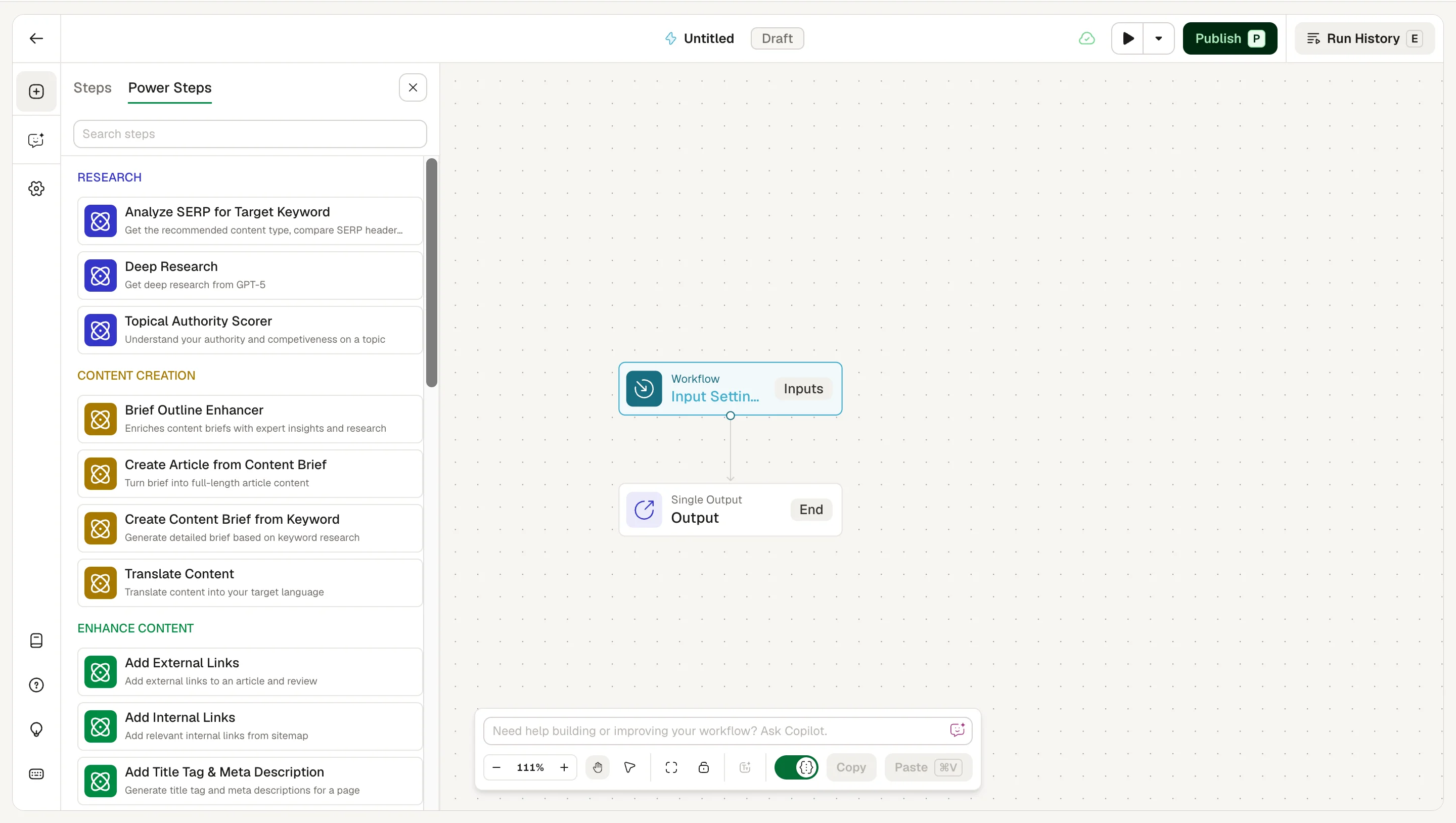 AirOps Power Steps sidebar with prebuilt research, content creation, and content enhancement modules
