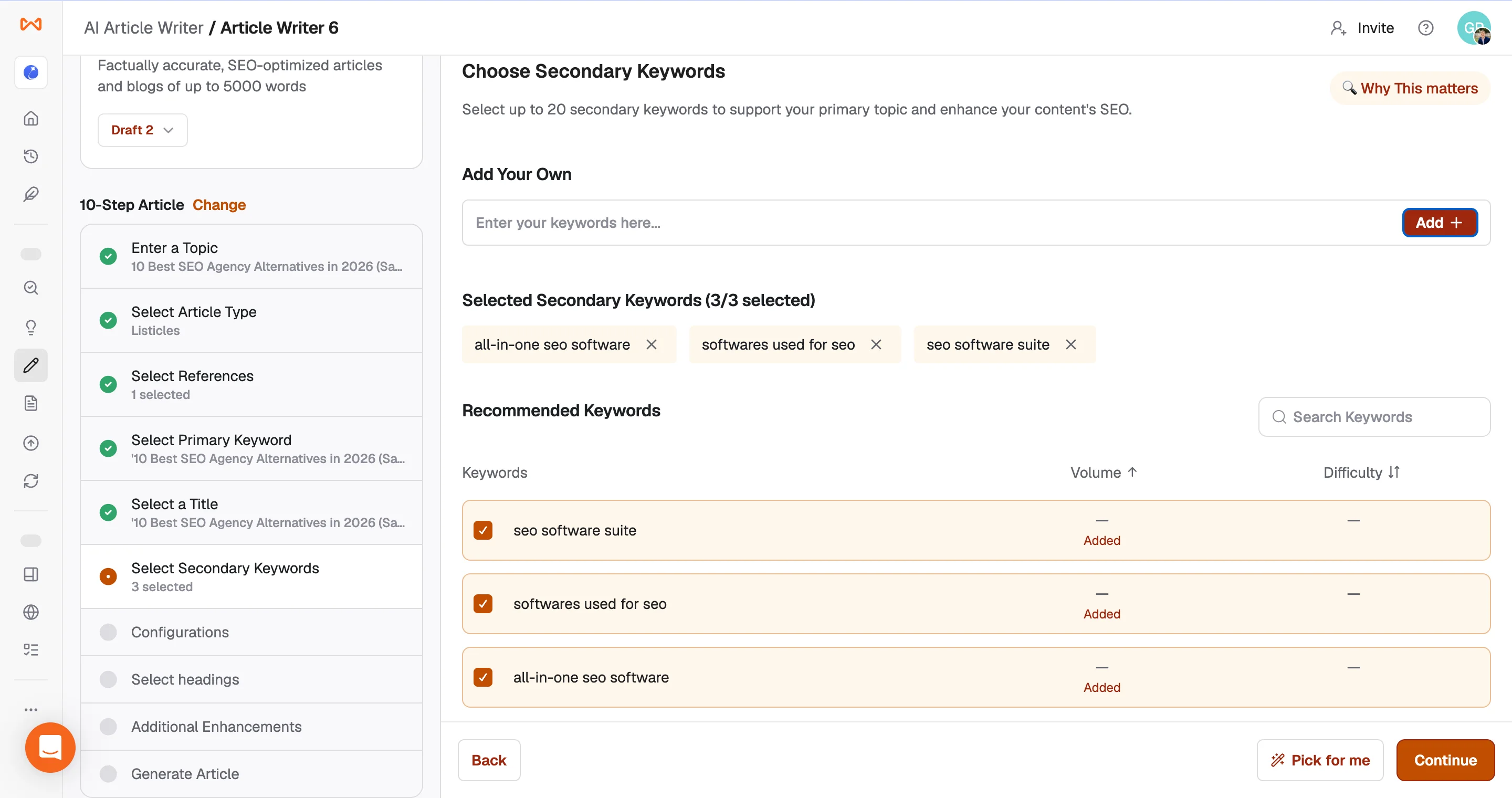Writesonic secondary keyword screen with manually added terms