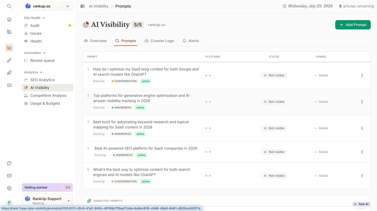 Frase AI Visibility Prompts tab showing the five prompts selected for tracking on rankup.so, each marked Not visible with a stable trend