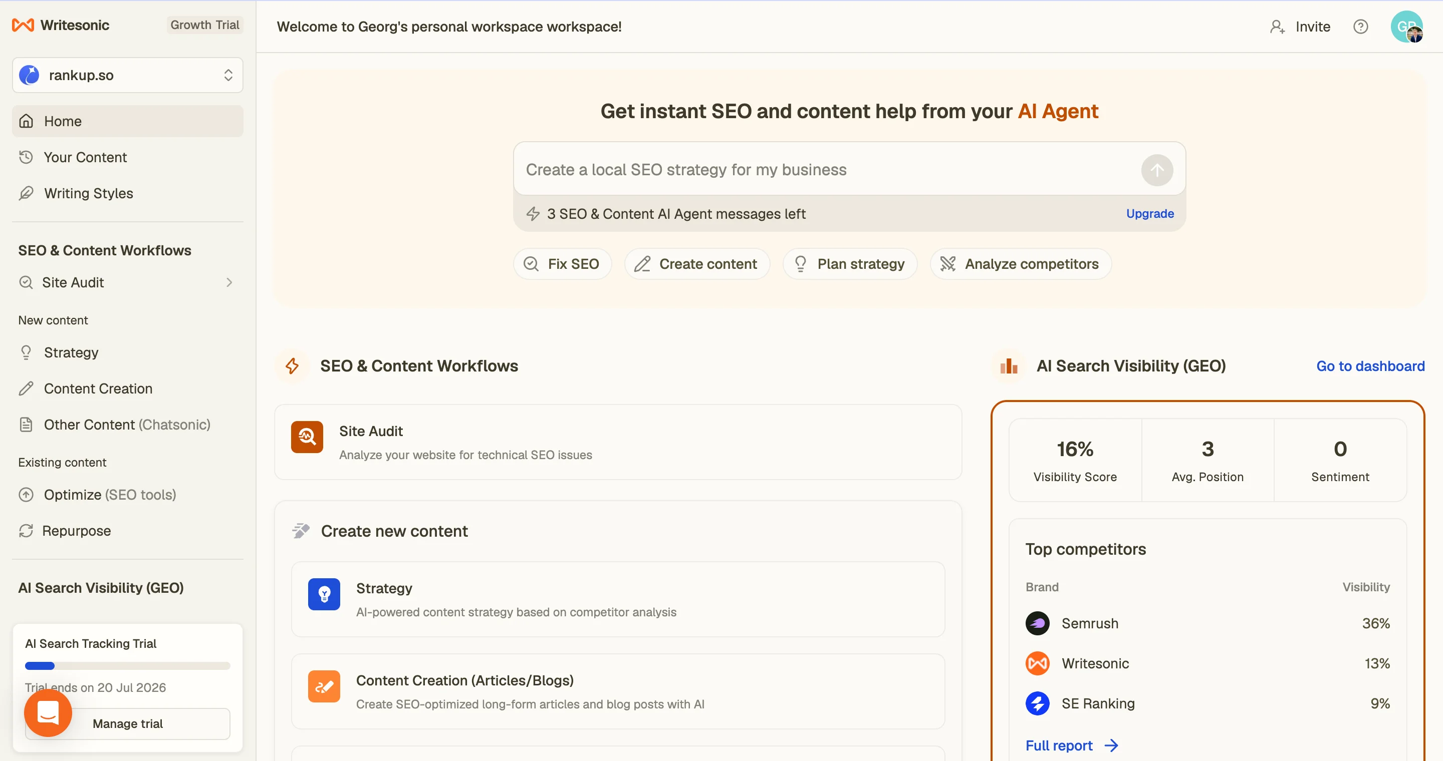 Writesonic workspace for SEO content and AI-assisted workflow guidance