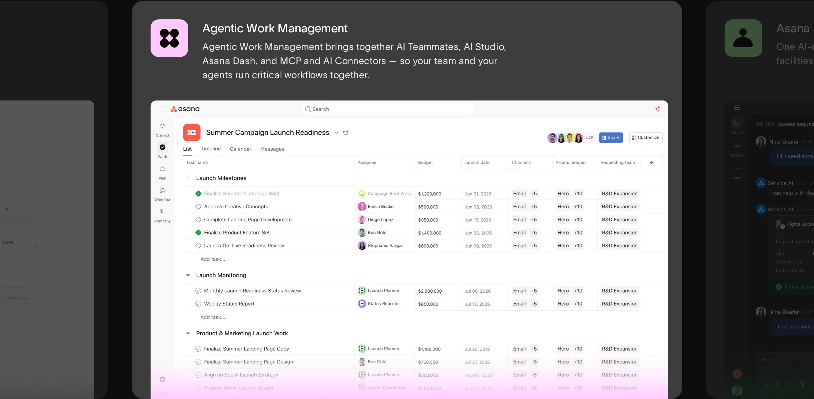 Asana work management interface showing project boards, timelines and task views
