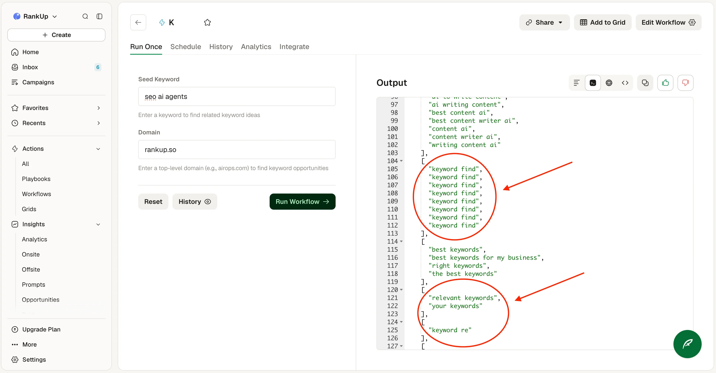 AirOps workflow output pane showing repeated and generic keyword results from the tested run
