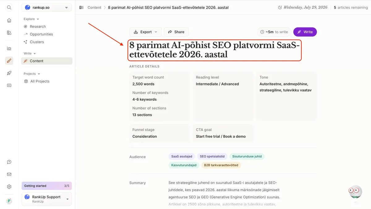 Frase content brief showing a 2,500-word target, intermediate reading level, authoritative tone and a SaaS founder audience