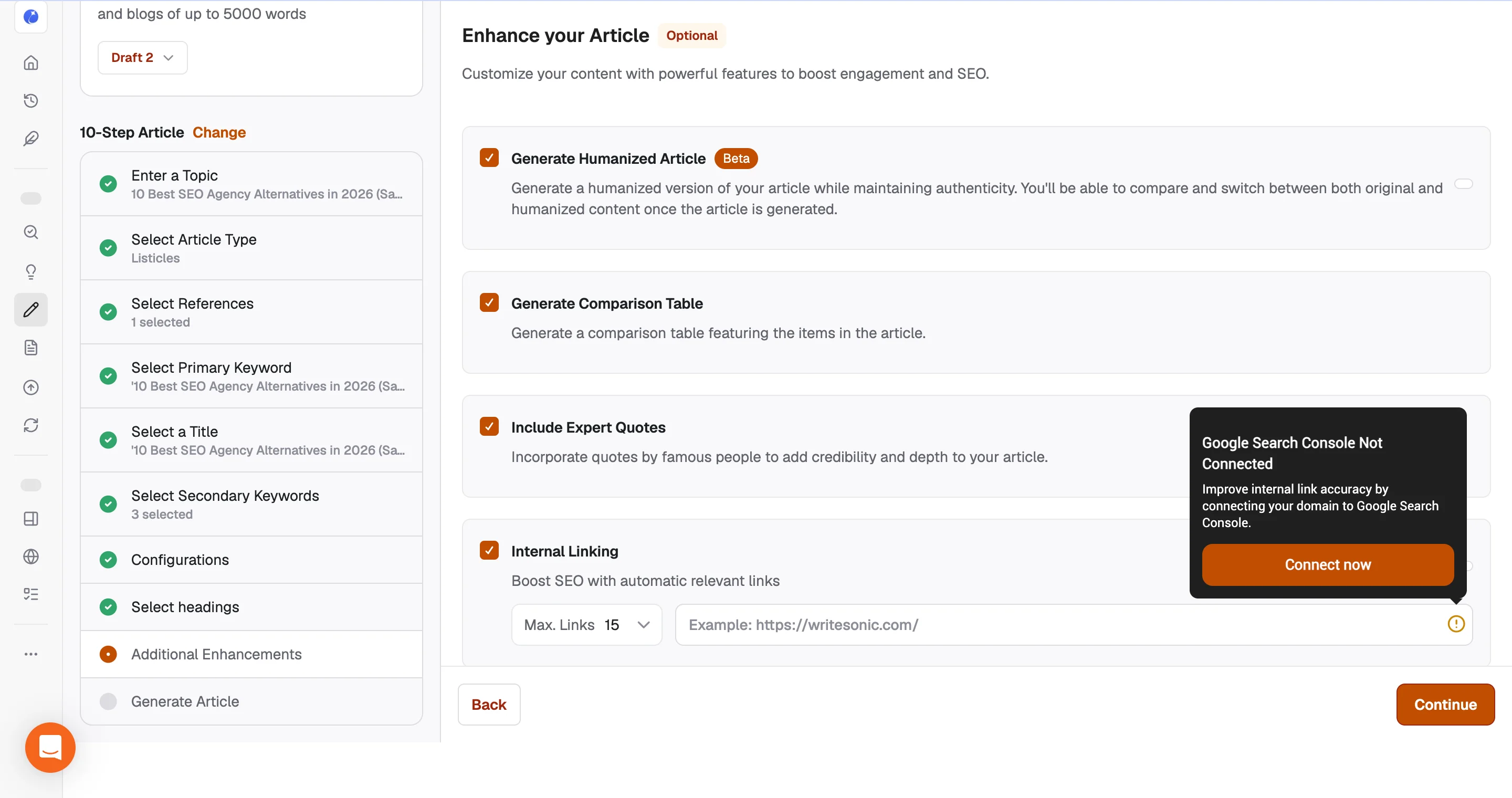 Writesonic enhancement options for humanization, quotes, tables, and internal links