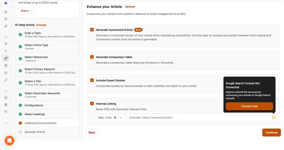 Writesonic enhancement options for humanization, quotes, tables, and internal links