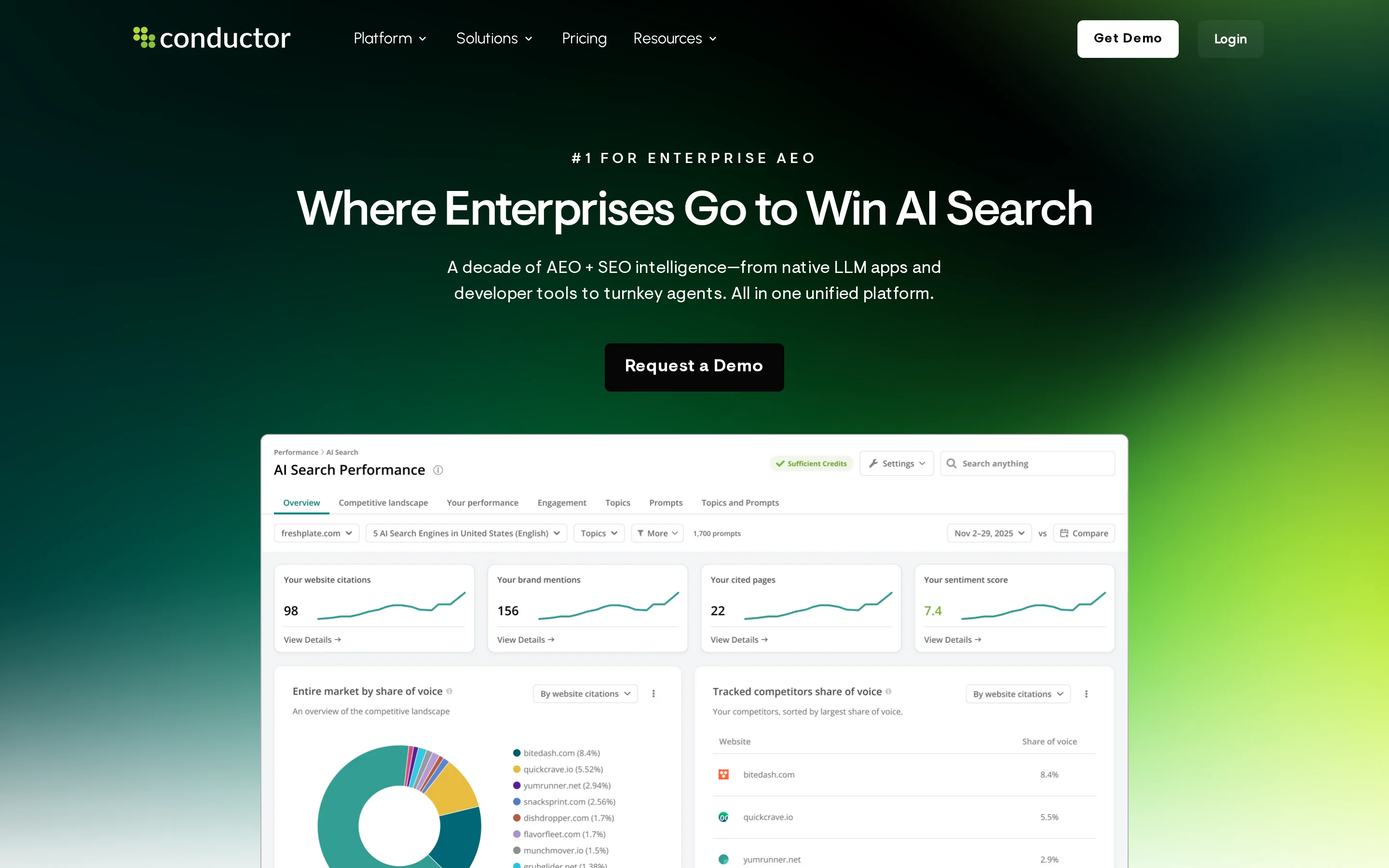 Conductor homepage hero presenting its enterprise search platform