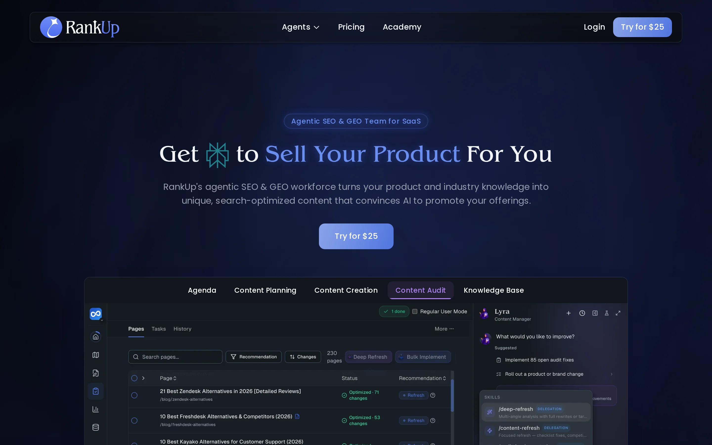 Current RankUp homepage hero presenting its agentic SEO and GEO content team for SaaS companies