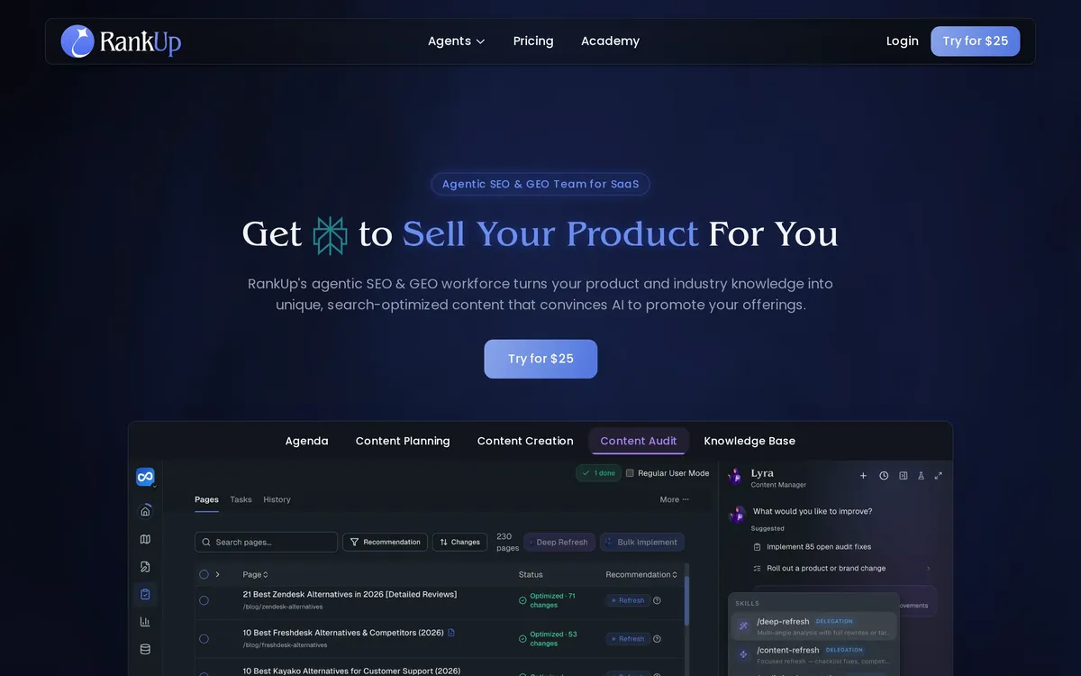 Current RankUp homepage hero presenting its agentic SEO and GEO content team for SaaS companies