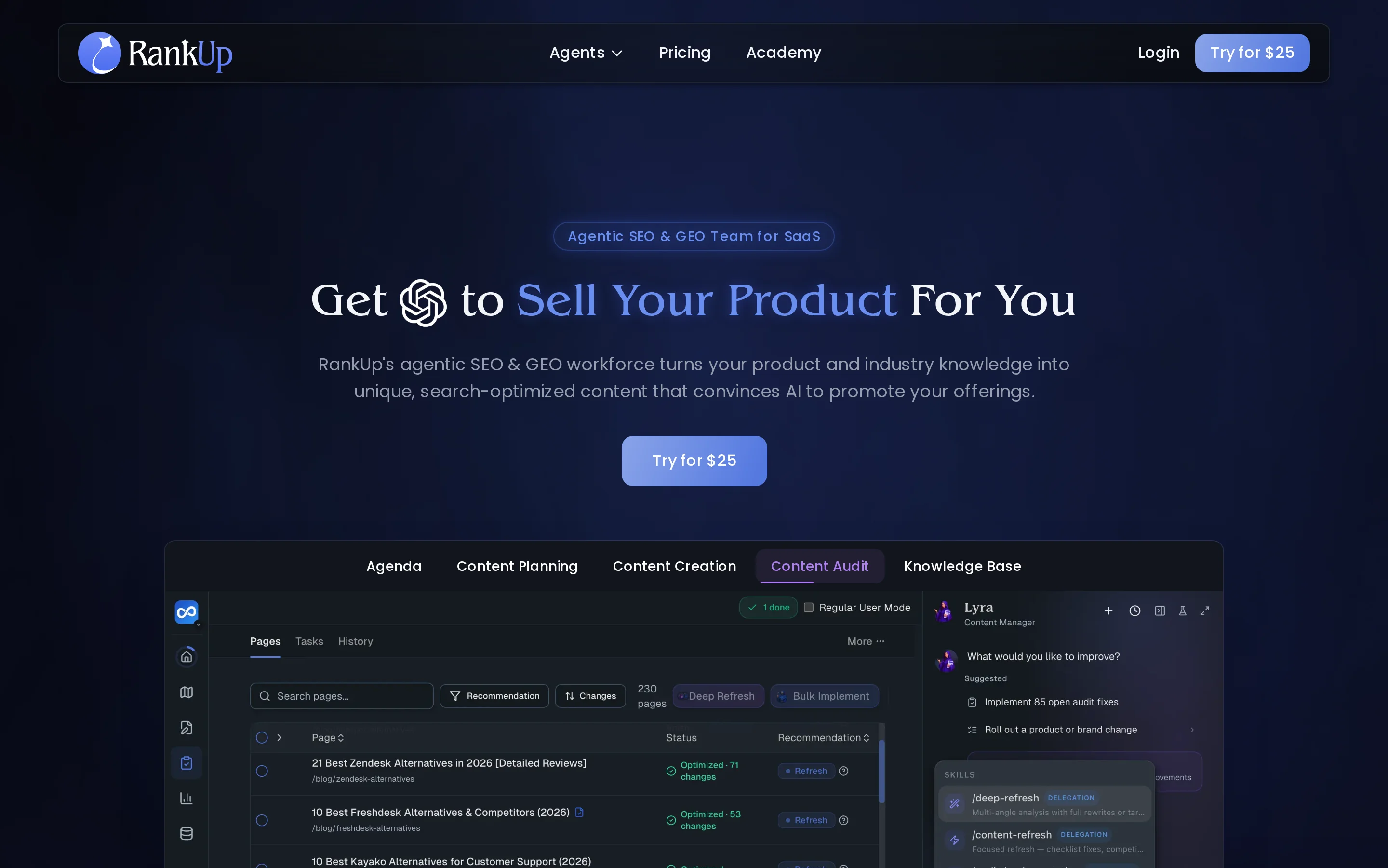 RankUp landing page hero, Agentic SEO and GEO Team for SaaS, above the Content Audit view listing optimized pages with Lyra in the sidebar