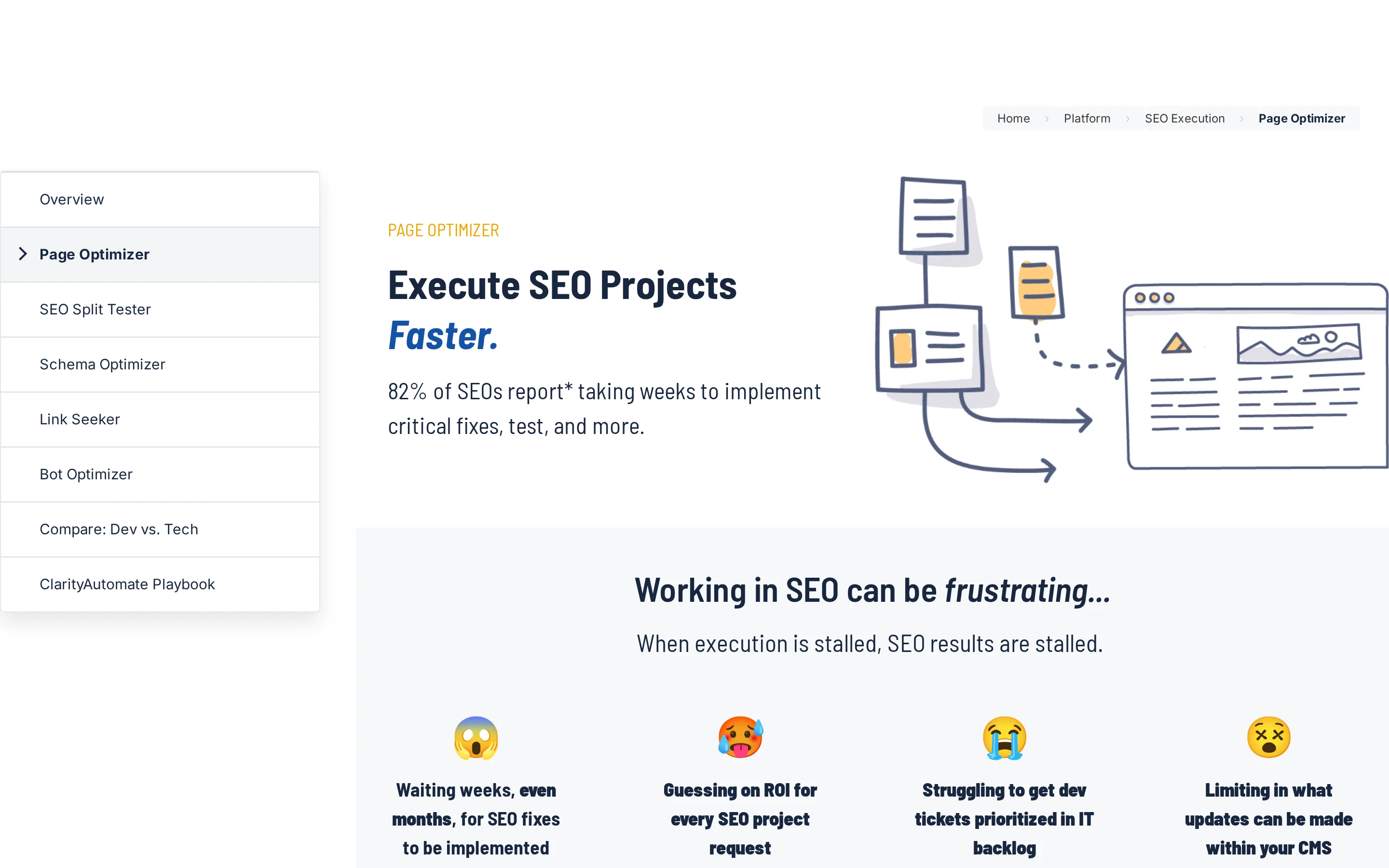 null seoClarity ClarityAutomate Page Optimizer page showing SEO execution workflow messaging